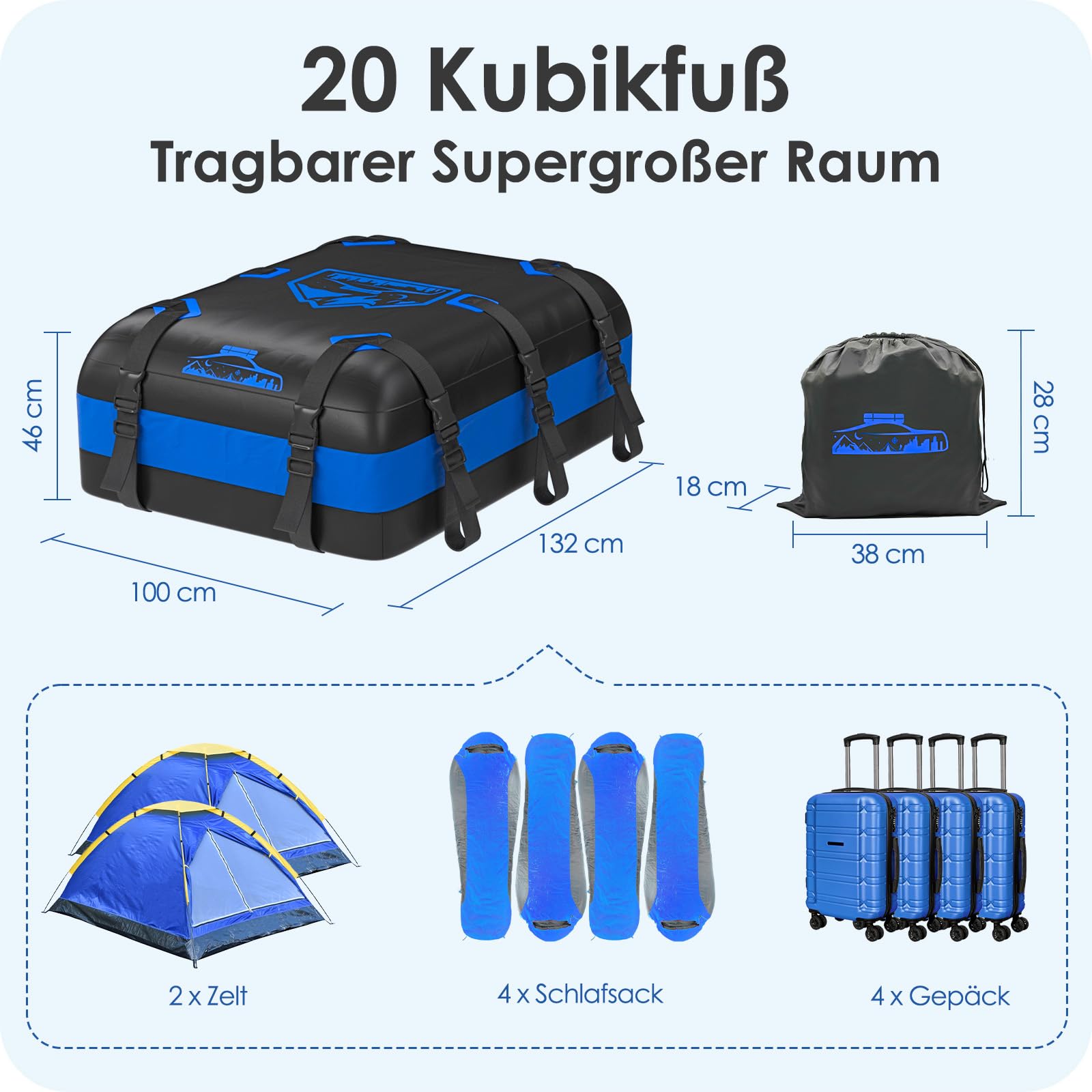 Dachbox Faltbar 20 Cubic/566 L, 700D Wasserdicht Dachbox Auto, Dachbox mit Anti-Rutsch-Matte und 10 Schwerlastgurten, Faltbare Weich Dachtasche Auto für Autos mit/ohne Gepäckträger(Blau)
