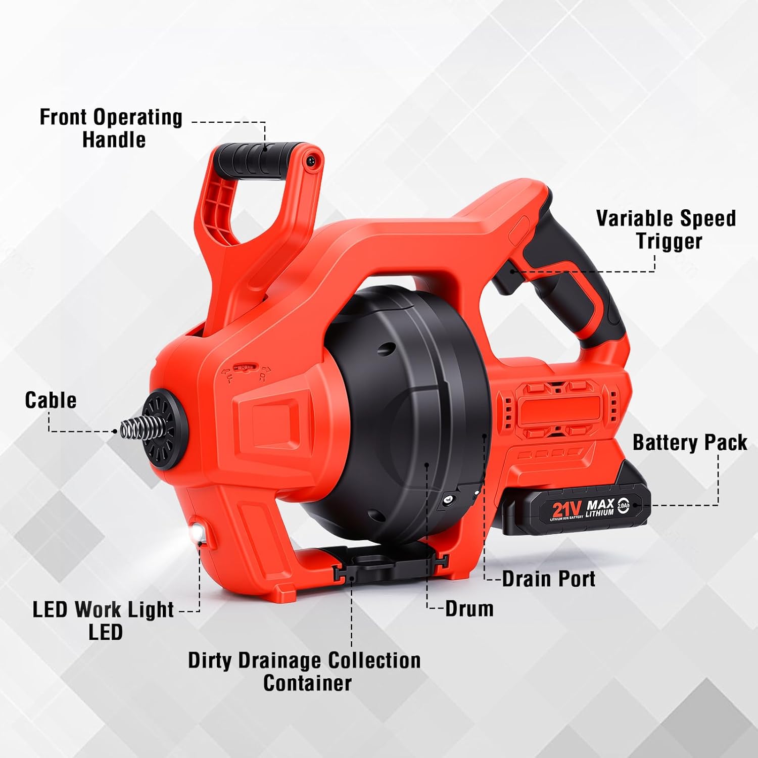 2026 Upgraded Cordless Electric Drain Auger, 20V 25Ft Auto-Feed Power Drain Snake with LED Light 2.0Ah Battery, Charger & Storage Bag, Heavy Duty Clog Remover Tool for Toilet Sink Bathroom Sewer Pipe