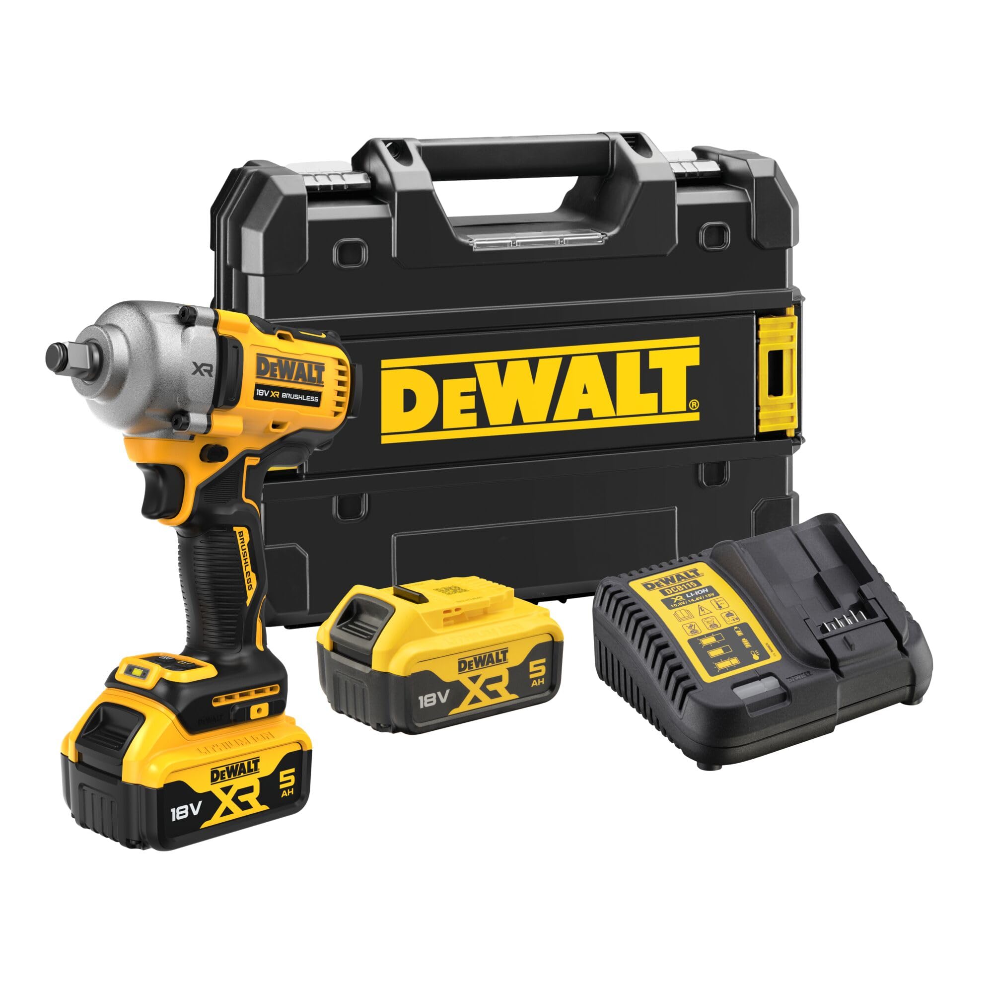 DEWALT Llave de impacto 18V XR, motor sin escobillas con 2 baterías XR 18V de 5.0Ah y cargador multivoltaje, DCF891P2T-​QW