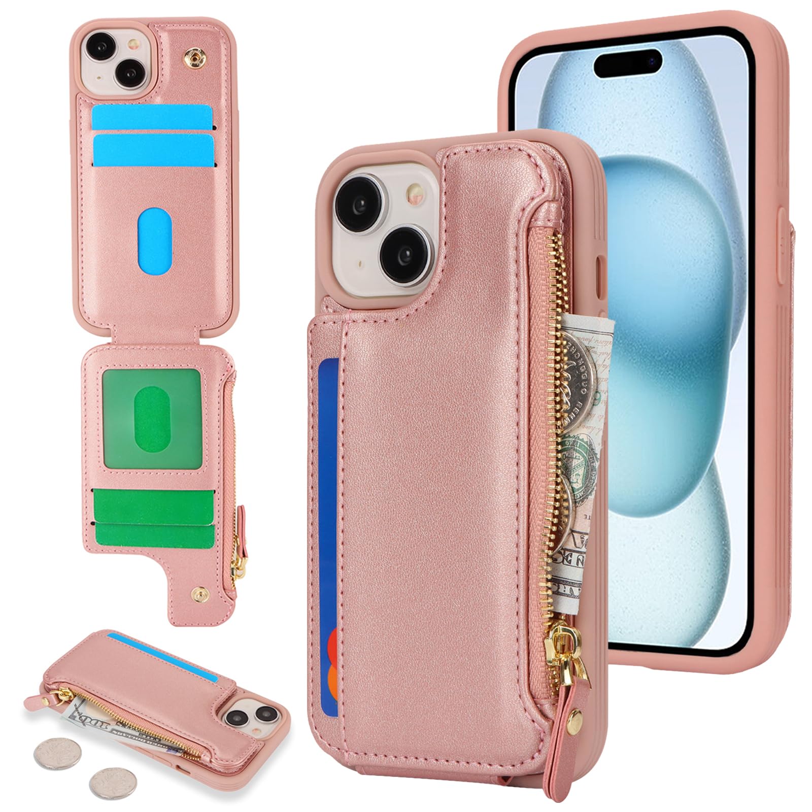 Cavor for iPhone 15 Case with Card Holder,for iPhone 15 Wallet Case for Women,Leather Zipper Pocket Shockproof Protective Phone Cover-Rose Gold