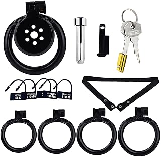 Chastity Lock with Dilator, Anti-Off Belt and 4 Cock Rings Small Resin Flat Chastity Cage Adult BDSM Sex Toys for Mens, Couples (Black-Full Set)