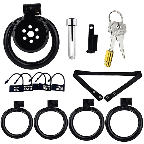 SeLgurFos Chastity Lock with Dilator, Anti-Off Belt and 4 Cock Rings Small Resin Flat Chastity Cage Adult BDSM Sex Toys for Mens, Couples (Black-Full Set) - Black-full set