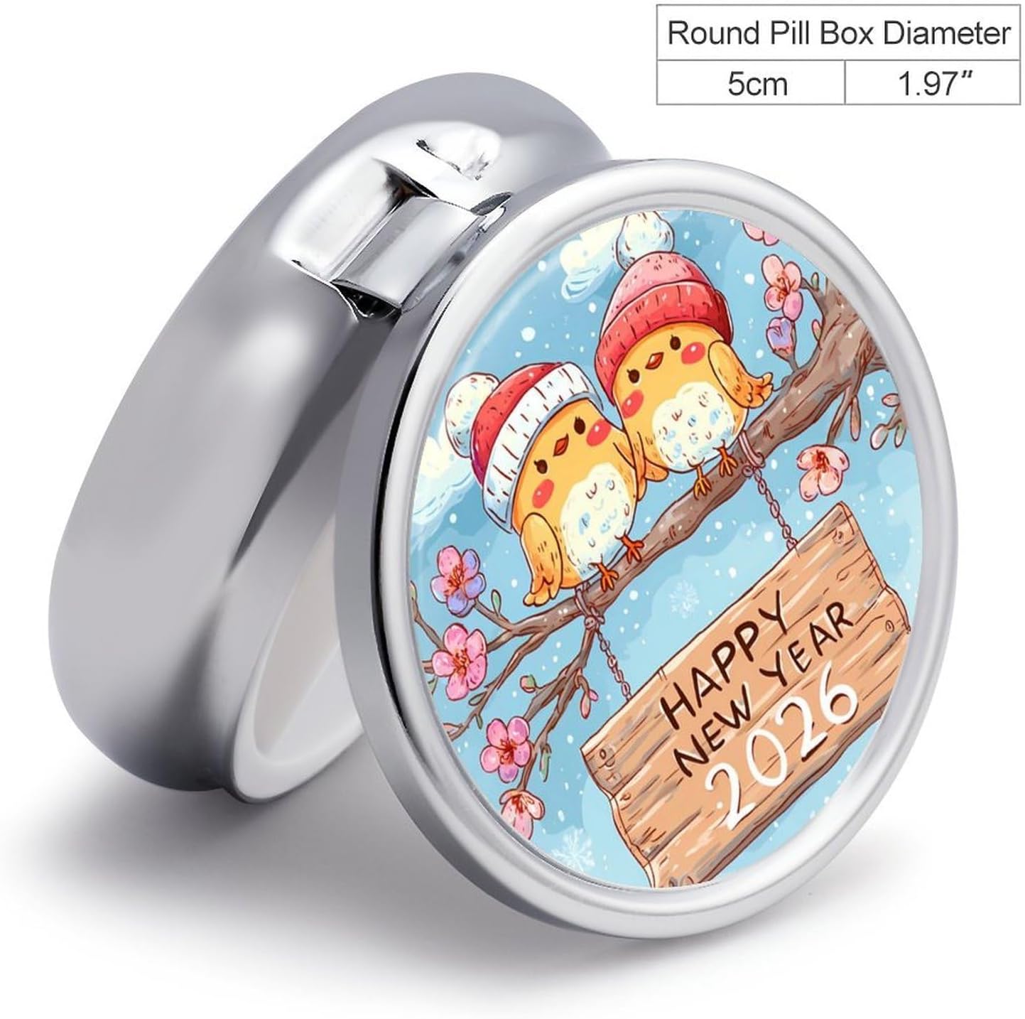 2026 New Year Birds Travel Daily Medicine Pill Organizer Box Small Round Case 3 Compartment image 2