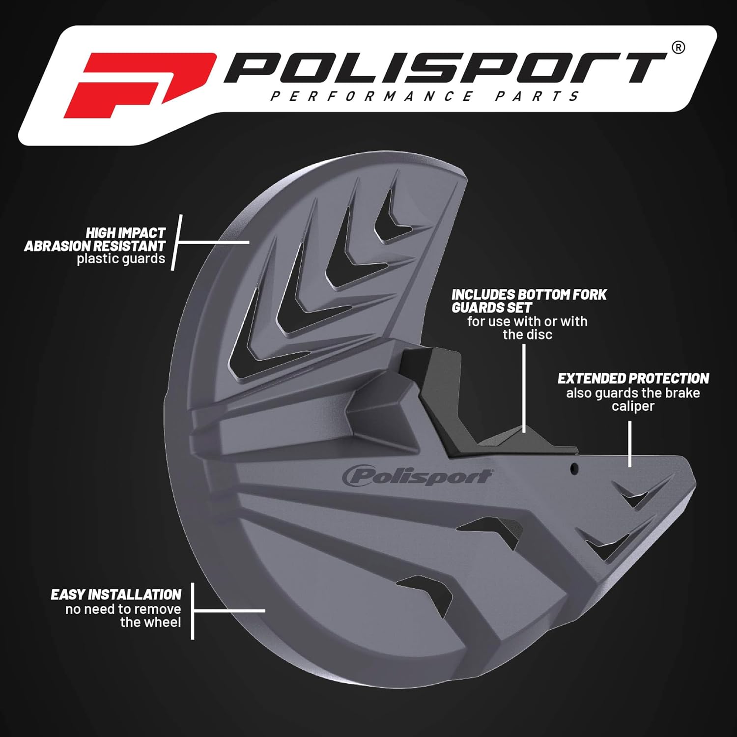 Polisport Disc & Bottom Fork Protector for Yamaha YZ125/250, YZ250/450F (2008-2024) - Durable Polypropylene Guard, Protects Fork & Brake Disc from Rocks, Debris, Easy Bolt-On Install, Grey