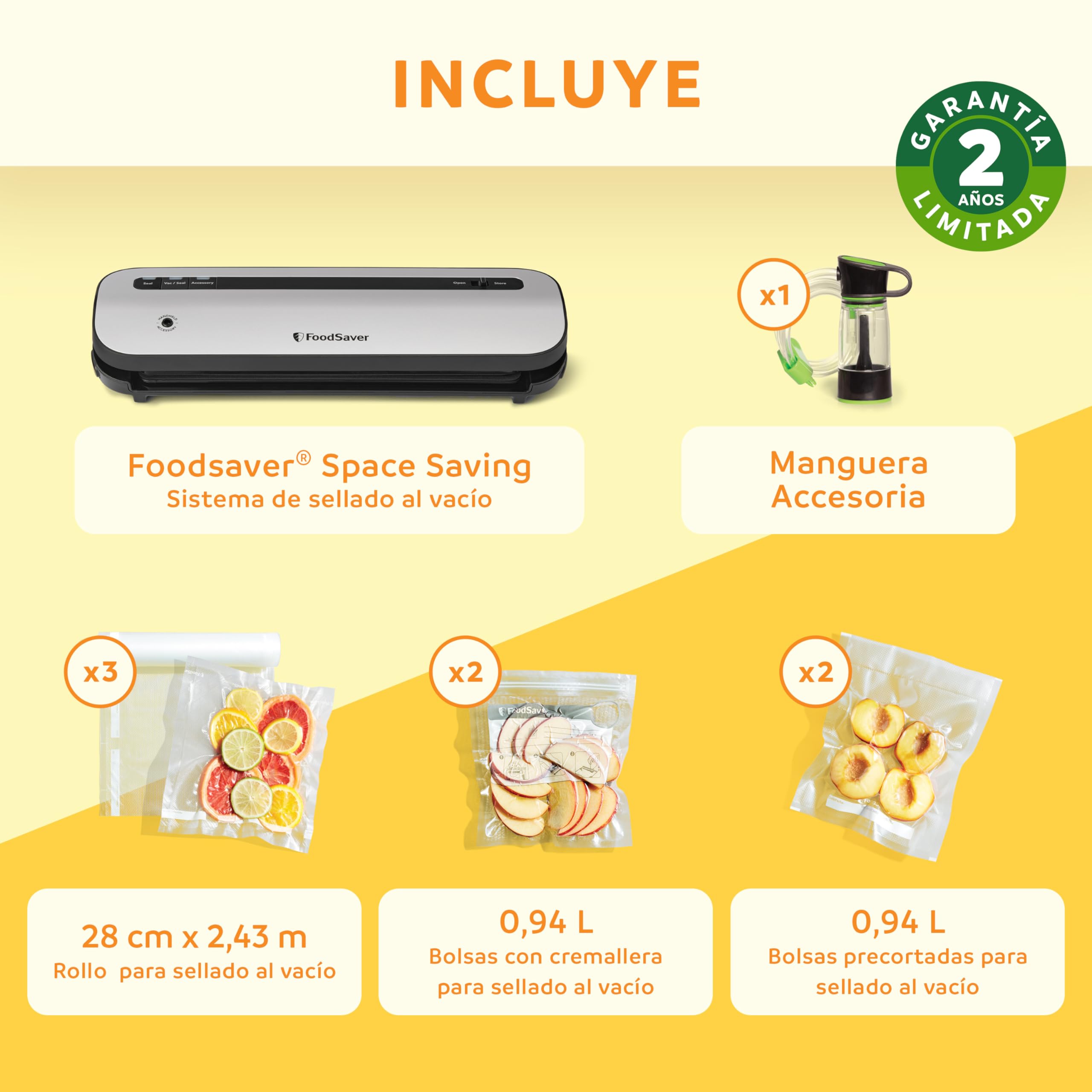 FoodSaver Envasadora al vacío | Mantiene el alimento fresco hasta 5 veces más*|Ahorra un 50% más espacio** | 1 rollo (28cm x 2,43m), 2 bolsas de sellado (0,94L), 2 bolsas con cierre (0,94L) | VS1290X
