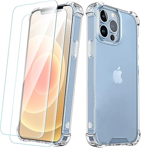 FOQENCCI Funda de teléfono para iPhone 13 Pro Max con 2 protectores de pantalla, transparente, antiamarilleo, resistente a los arañazos,