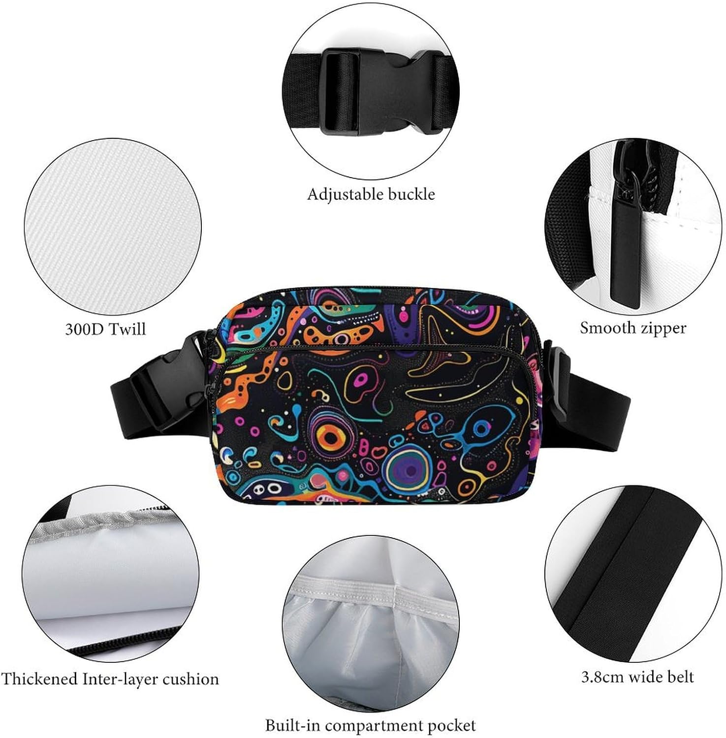 Unisex Waist Bag,Various Shapes of Colors Printed Adjustable Belt Casual Chest Bag Foldable Crossbody Bag Portable Waist Bag for Outdoors Workout Traveling Casual Running image 5