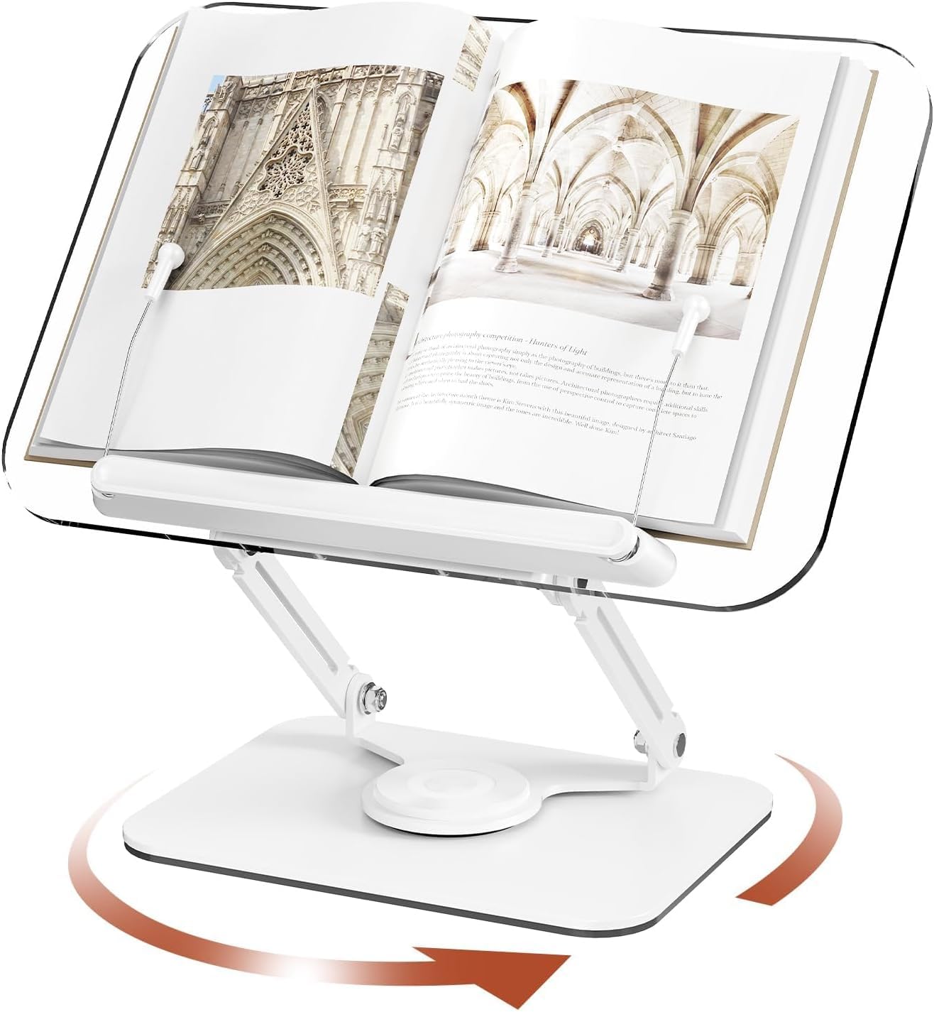 Book Stand for Reading, Adjustable Book Holder with 360° Rotating Base & Elastic Page Clips, Foldable Cookbook Stand for Office, Kitchen, School Textbook, Recipe, Magazine,Tablet (White Acrylic) — image 1