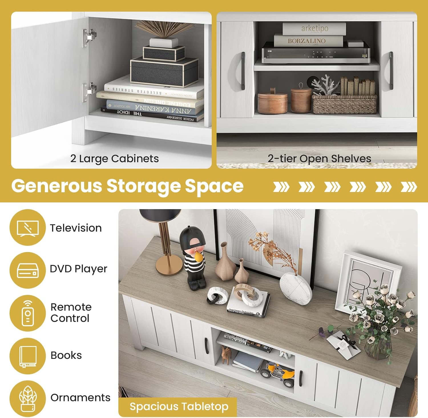 Tangkula 2 Doors TV Stand for TVs up to 65”, 57” Media Console Table w/ 2 Cabinets & Open Shelves, 2 Cable Management Holes. Wood Entertainment Center Cabinet for Living Room (White Oak) - Image 6