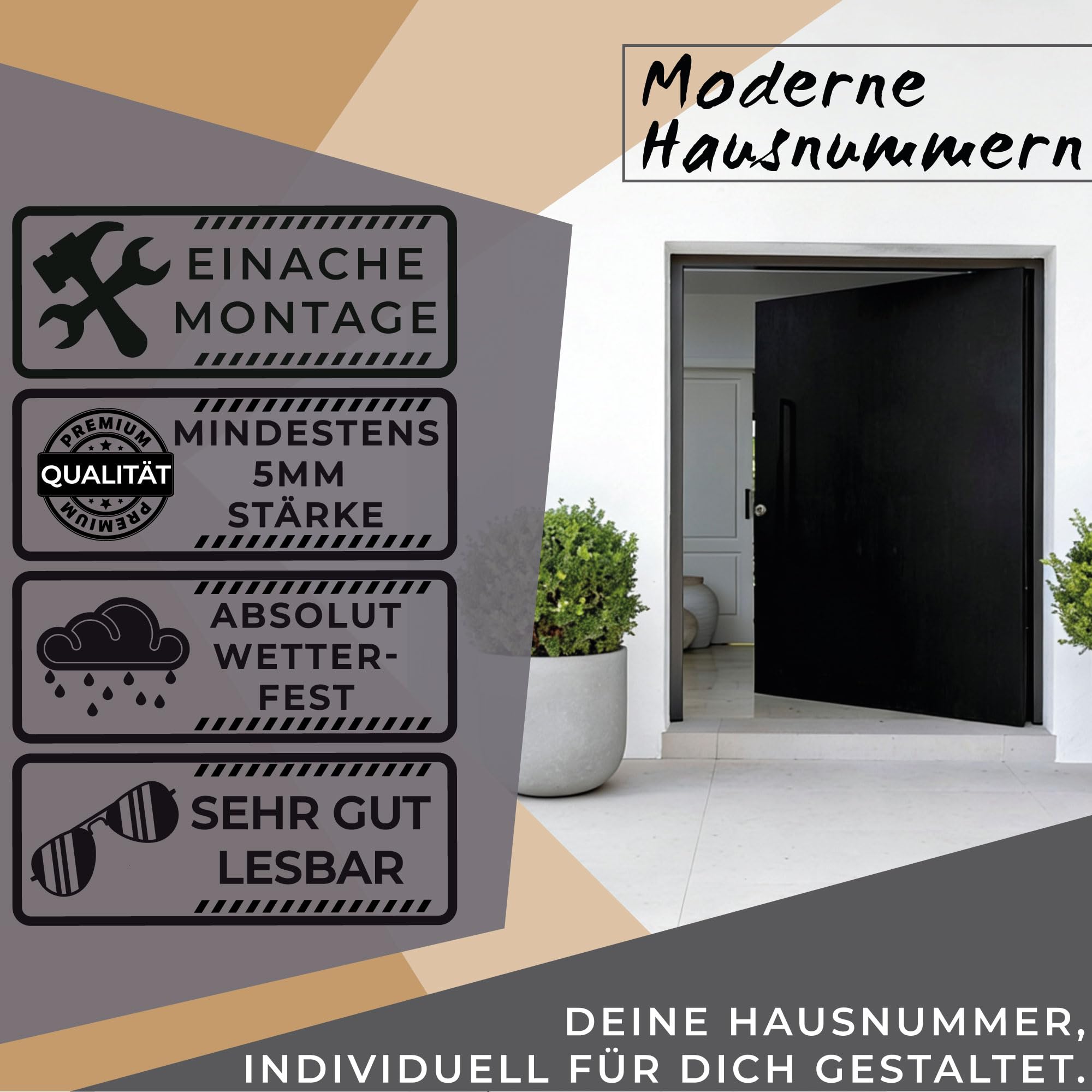 Personalisierte 3D Hausnummer aus Acryl - Moderne Hausnummer mit Abstandshaltern - individuelles Hausnummernschild für Haus, Eingang und Fassade in verschiedenen Größen