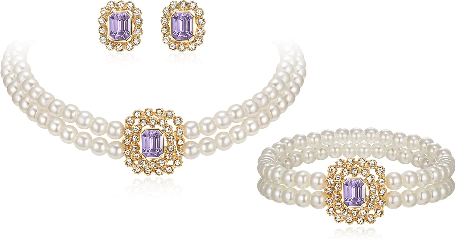 Flyonce 3 Pcs 1920s Pearl Choker Necklace Earrings Bracelet Sets, Vintage Faux Pearls Strands Necklaces Great Gatsby Flapper Party Cosplay Roaring 20s Halloween Costume Jewelry Set for Women