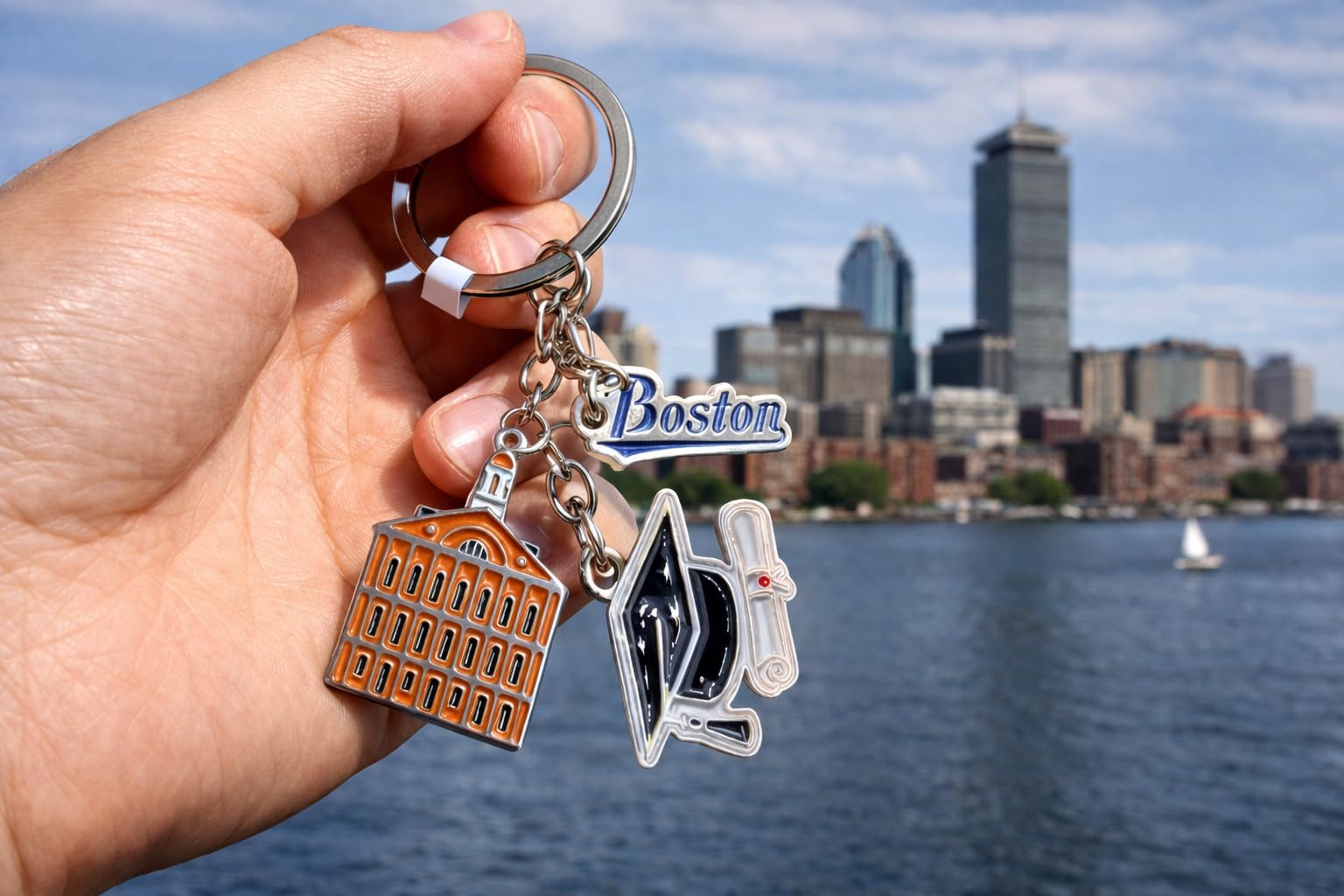 Westmon Works Boston Keychain Souvenir – Metal Charm Key Ring with Graduation Cap, Diploma & Faneuil Hall – Beantown Gift for Students and Vacation Travelers