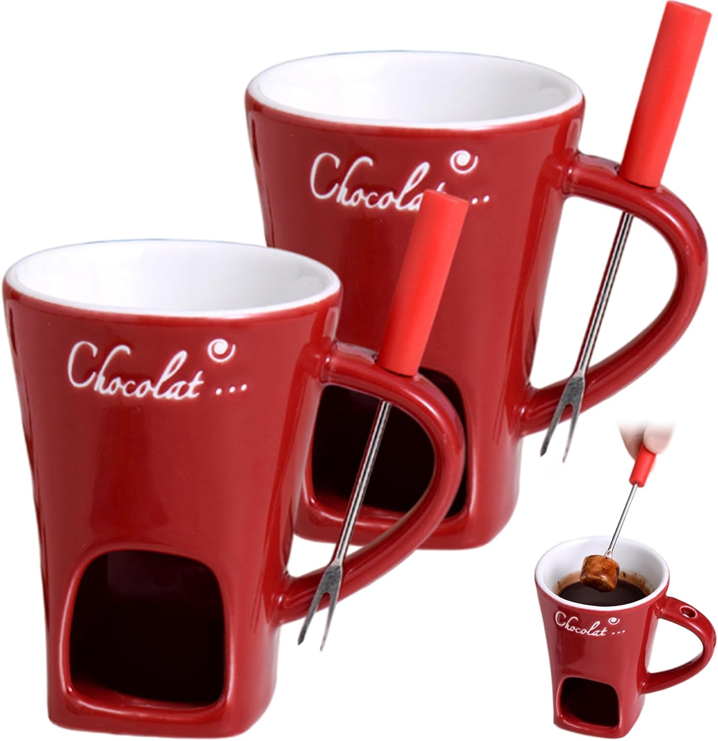 Chocolate Fondue Cup with Fork 2Pcs Ceramic Chocolate Fondue Mug with Handle, Tealight Cave & Hole for Fork Holding, Tealight Not Included, Red| Cup
