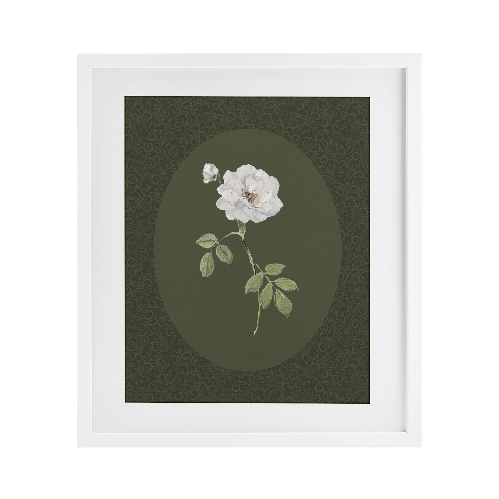 Stupell Industries Coastal White (Textured) 'White Rose On Emerald'| Framed Print Under Glass