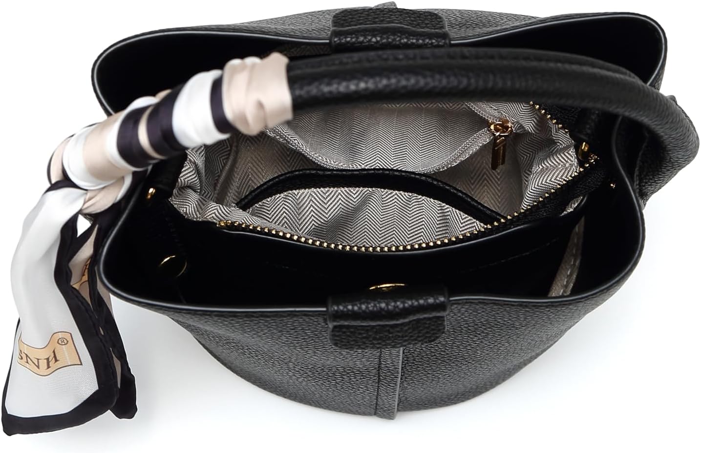 Women's small crossbody bag made of synthetic leather, mini bucket style shoulder bag with scarf, detachable shoulder strap - Image 7