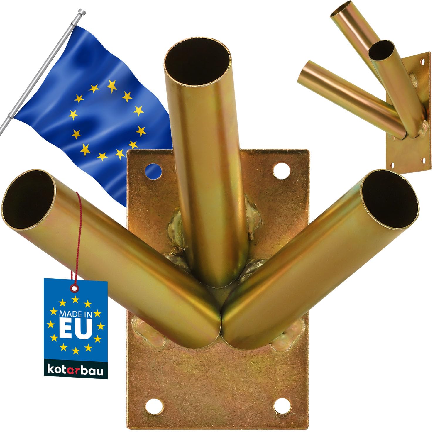 KOTARBAU Base de Soporte para Bandera Triple Base de mástil Soporte para asta de Bandera Soporte de Montaje en Pared galvanizado en Caliente Dorado, 120 mm