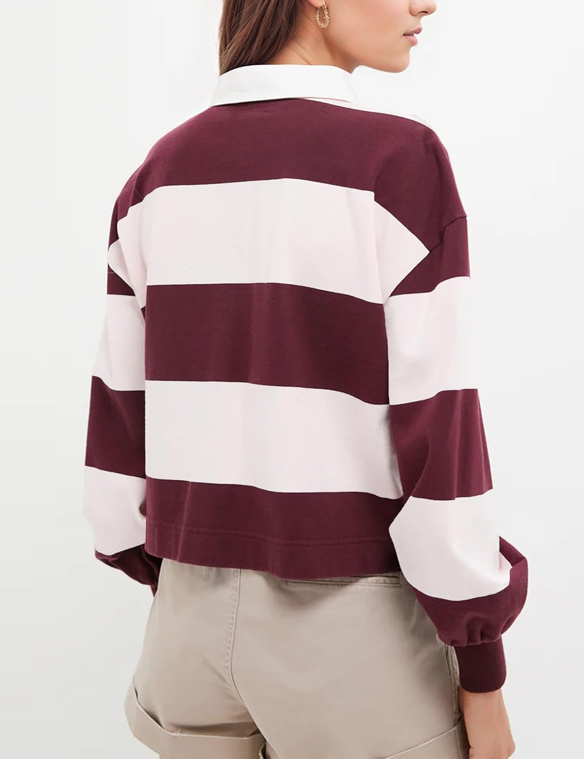 Womens Striped Color Block Polo Sweatshirt Y2k Long Sleeve Lapel Collar Rugby Shirt Button V Neck Pullover Crop Tops - Image 3