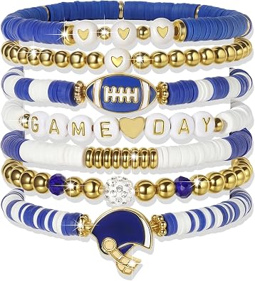 Sporty Chic Bracelets for Women Vibrant Blue White Red Gold Stretch Heishi Clay Beaded Bracelets Stylish Stackable Bangles for Game Days Casual Special Occasions Football Mom Jewelry Gift