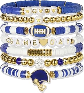 Sporty Chic Bracelets for Women Vibrant Blue White Red Gold Stretch Heishi Clay Beaded Bracelets Stylish Stackable Bangles for Game Days Casual Special Occasions Football Mom Jewelry Gift