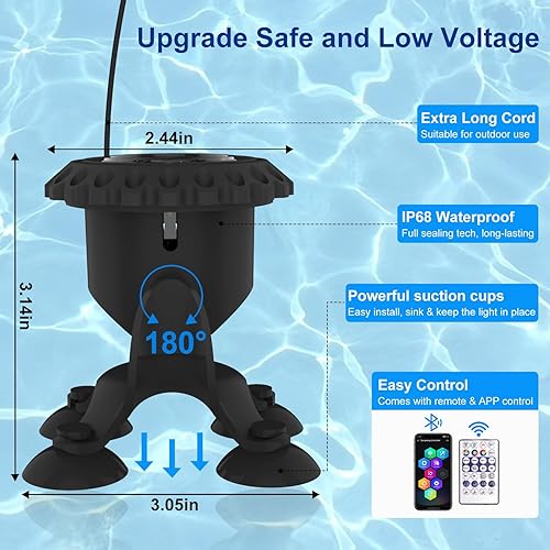 Miniatura 6 de T-SUN Luces LED Subacuáticas para Estanque Luces de Fuente Sumergibles Impermeables IP68 con Aplicación y Control Remoto, 16M