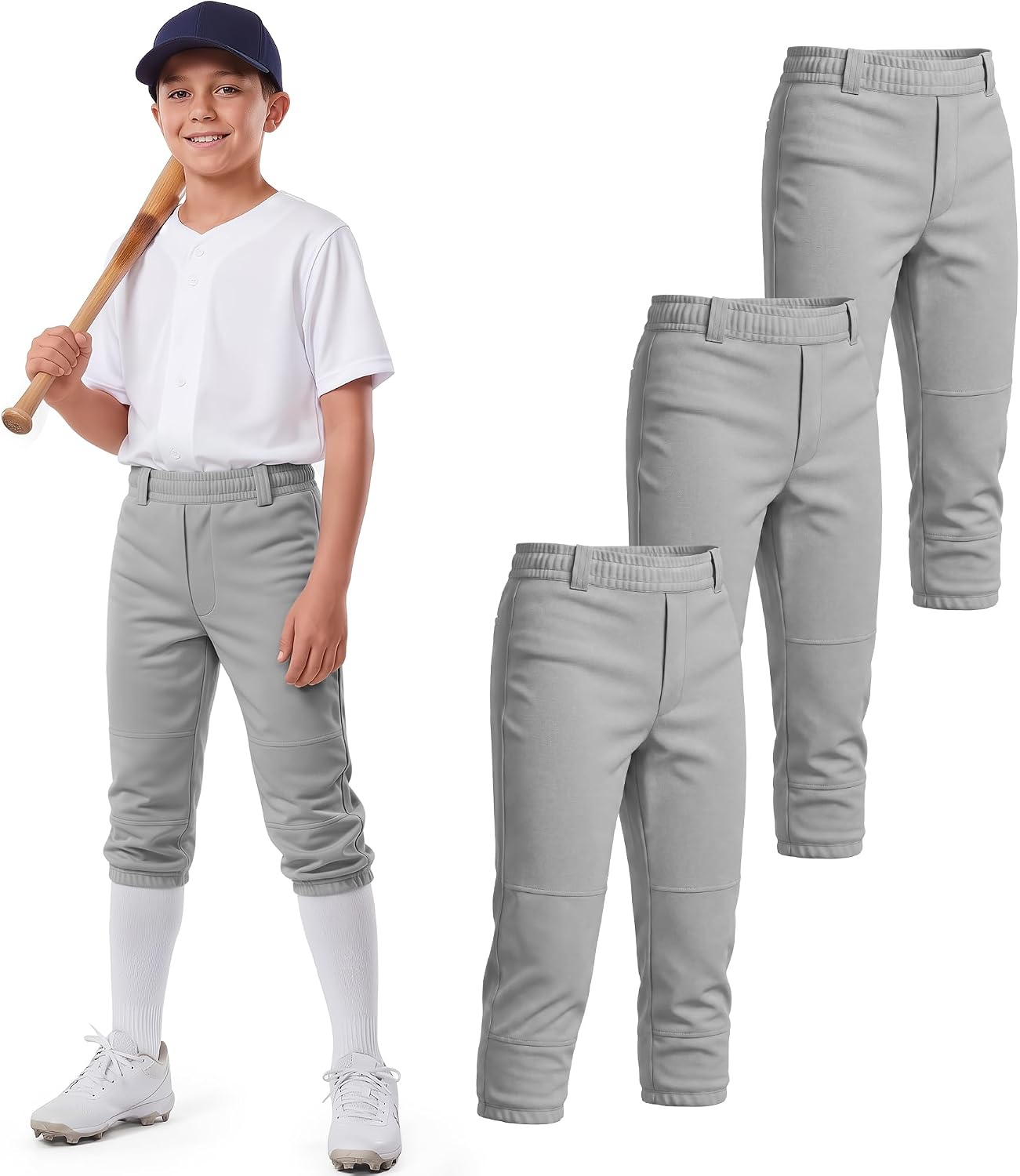 Halfchet 3 Pcs Boys' Knicker Baseball Pants Youth Softball Pants Fit Kids Tee Ball Capris Practice with Belt Loops Pockets