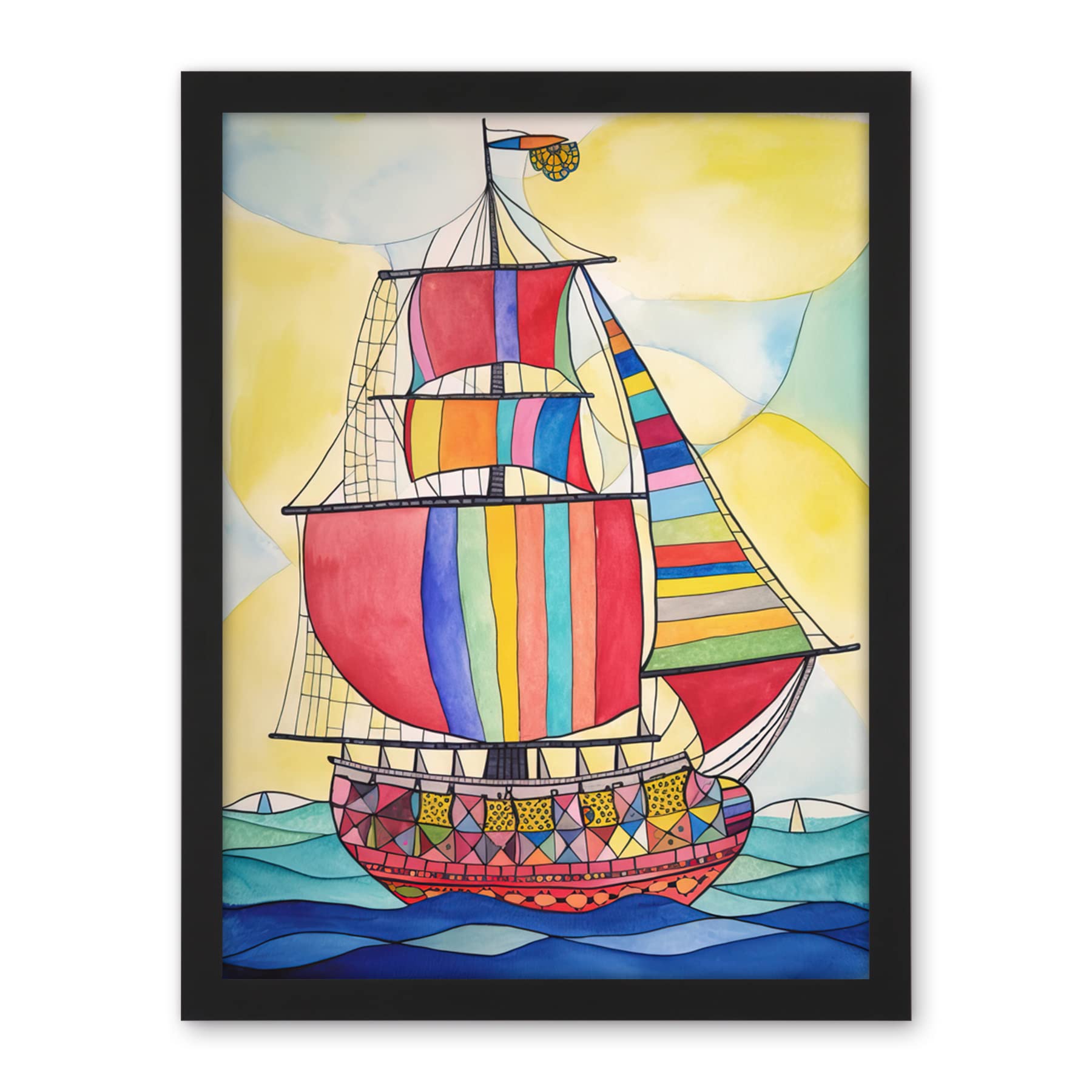 Artery8 Rainbow Colour Sailing Ship Folk Art Artwork Framed Wall Art Print 18X24 Inch
