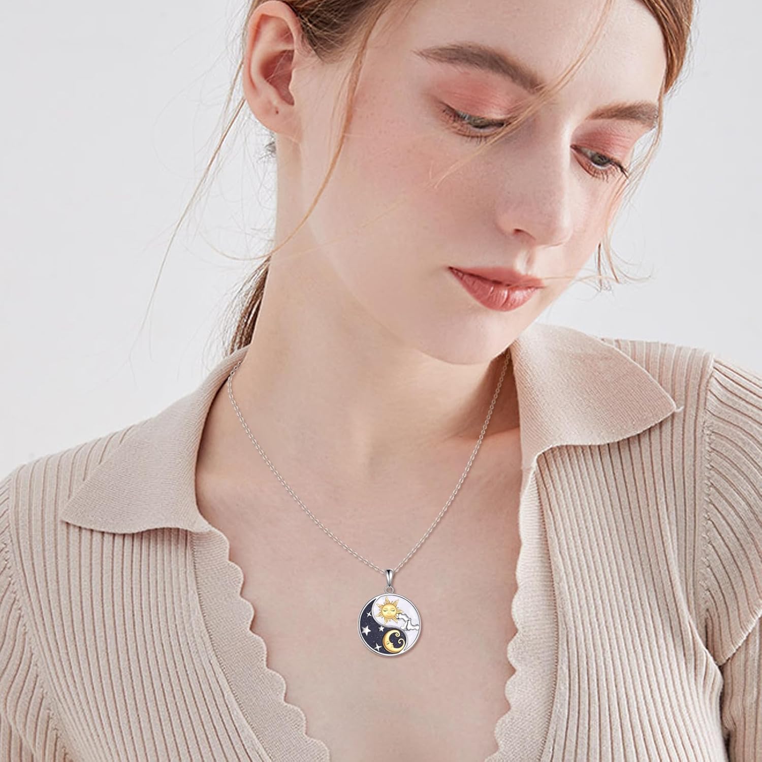 URONE Yin Yang Necklace 925 Sterling Silver Sun Moon Pendant Necklace Yin Yang Jewelry Gifts for Women - Image 2