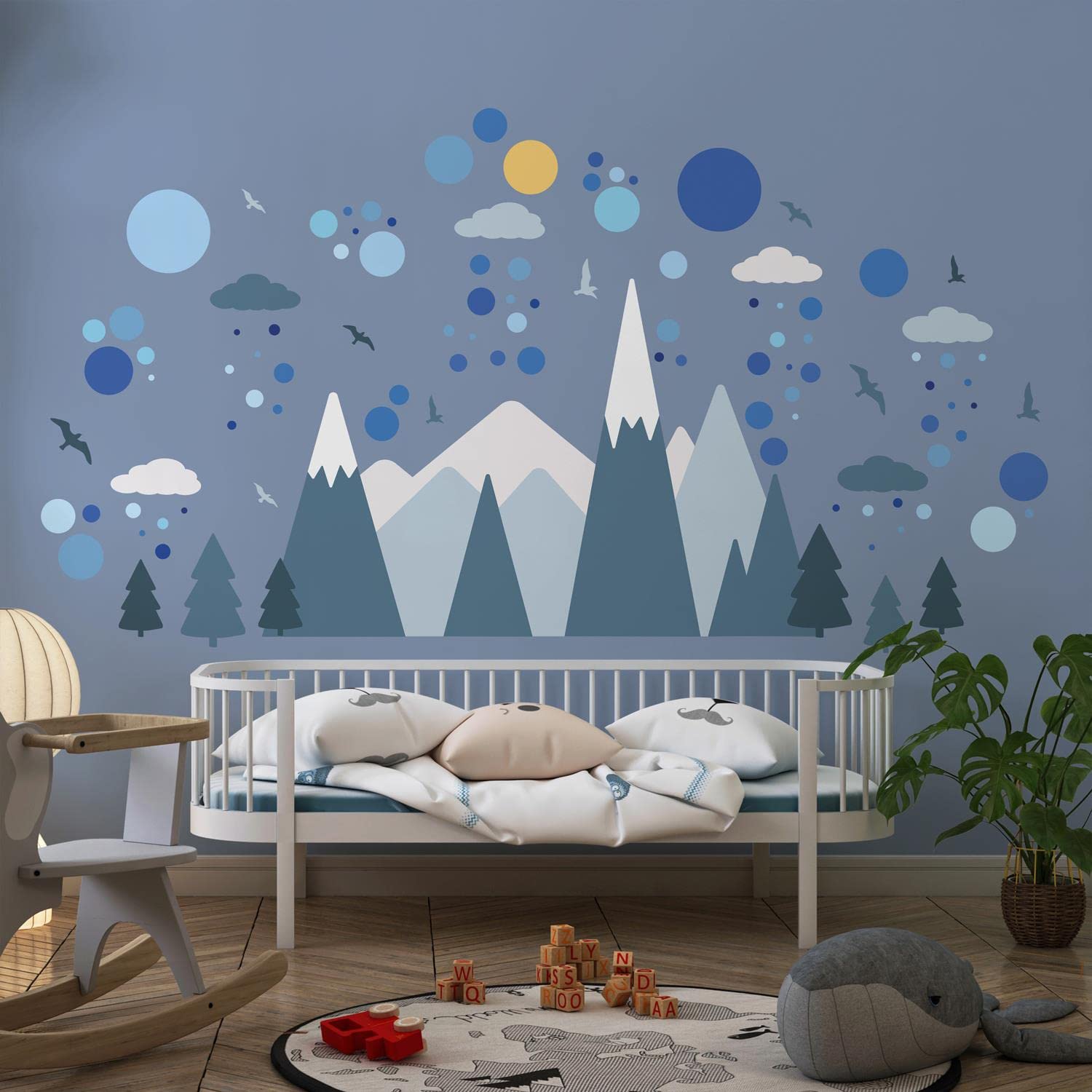 WALPLUS Blue Mountains & Circles Wall Stickers for Kids Nursery, Bedroom Decor - Peel & Stick Art Decals (114pcs)