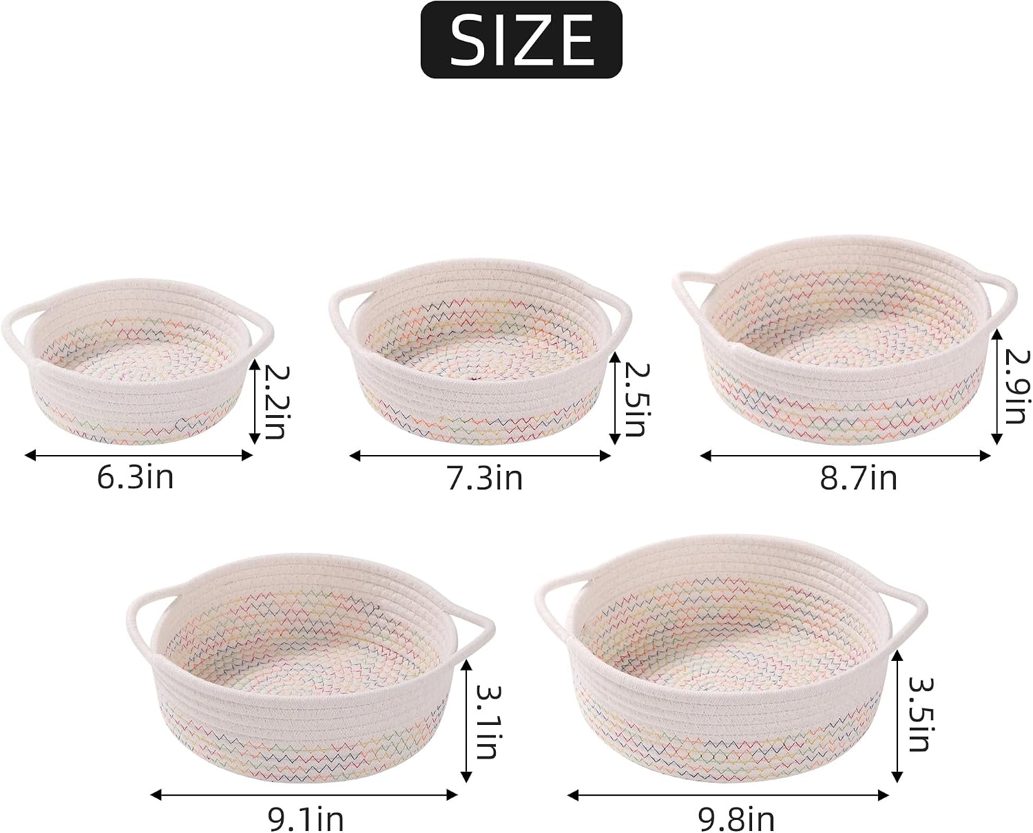 Small Storage Woven Baskets Shelves Natural Cotton Rope Bins with Handle Toilet Tank Paper for Countertop Cute Gifts Organizing Mini Nursery 5 Set box (White&colored lines)
