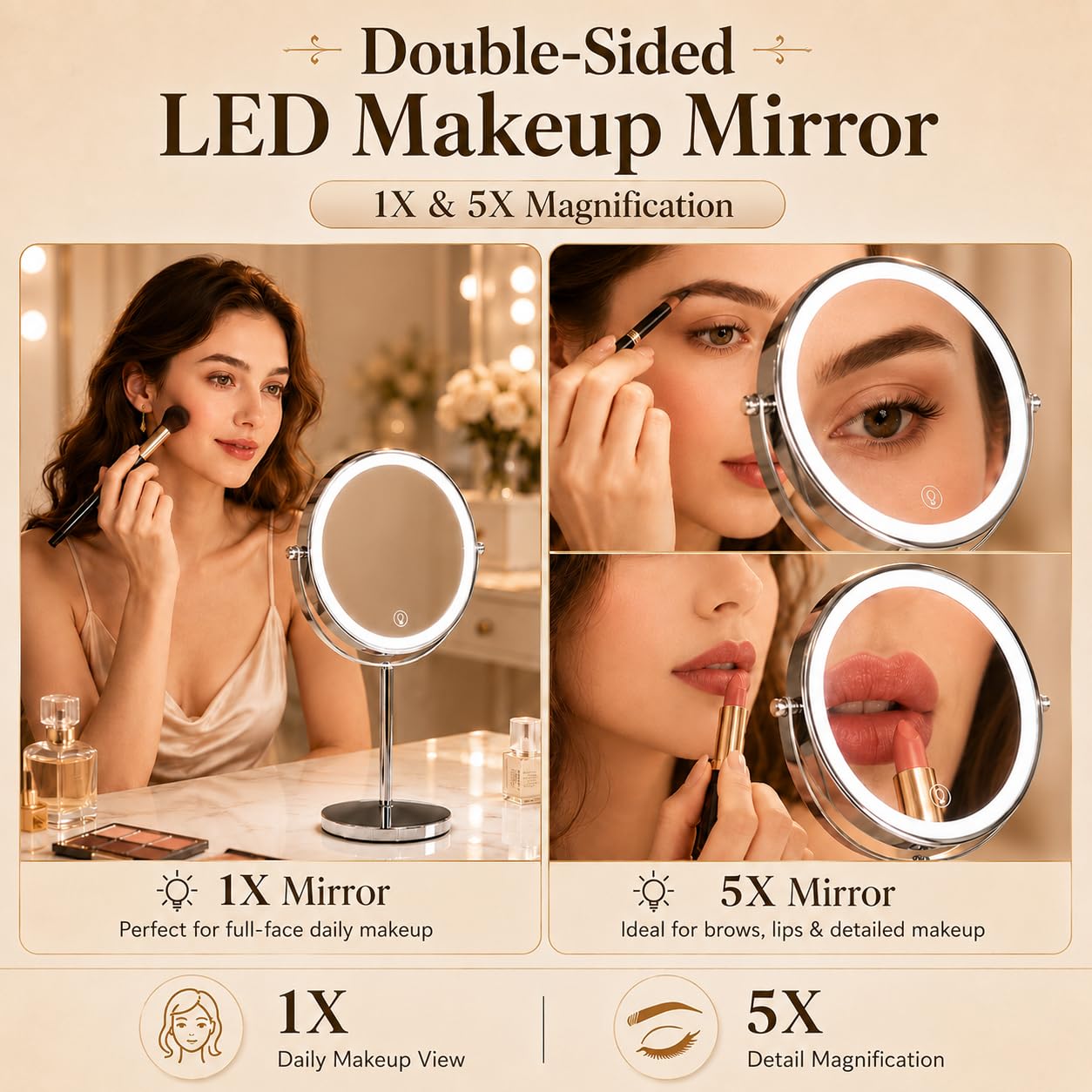 Ysenchan Espejo de maquillaje iluminado, espejo de aumento LED recargable de 8 pulgadas, espejo de manipulación 5X de doble cara con soporte, espejo de escritorio de pie cosmético