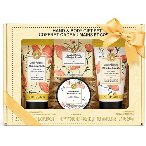 BODY & EARTH # LOVE Hand Cream Gifts Set for Women, 4PCS Vanilla Spa Gifts with Hand Cream, Body Lotion, Body Scrub, Soap, Bath and Body Gift Sets for Women Christmas Gift for Her