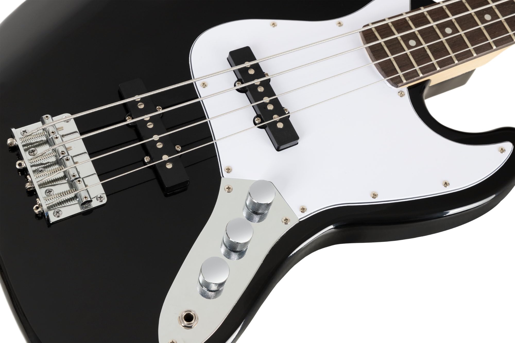 Rocktile Fatboy II BK E-Bass Black Set inkl. Schule, Jazz-Style E-Bass | 2 Single Coil Tonabnehmer, 2 Volume-/1 Toneregler, Korpus: Linde, Hals: Ahorn (unbehandelt), Griffbrett: Palisander, 21 Bünde