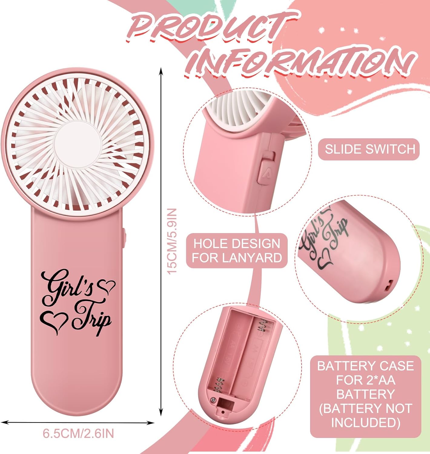 Tuanse 12 Pcs Girls Trip Fan Gifts Favors Mini Portable Personal Handheld Fan Bulk with Lanyard Cute Girls Weekend Gifts for Bestie Women Outdoor Makeup Travel Camping, Battery Not Include