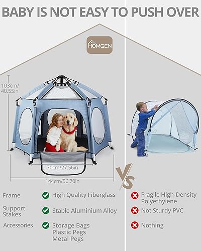 Miniatura 2 de HOMGEN Corralito para bebés con dosel, tamaño de 56 x 40 pulgadas, patio de juegos plegable con alfombrilla y parasol UPF50, diseño desplegable