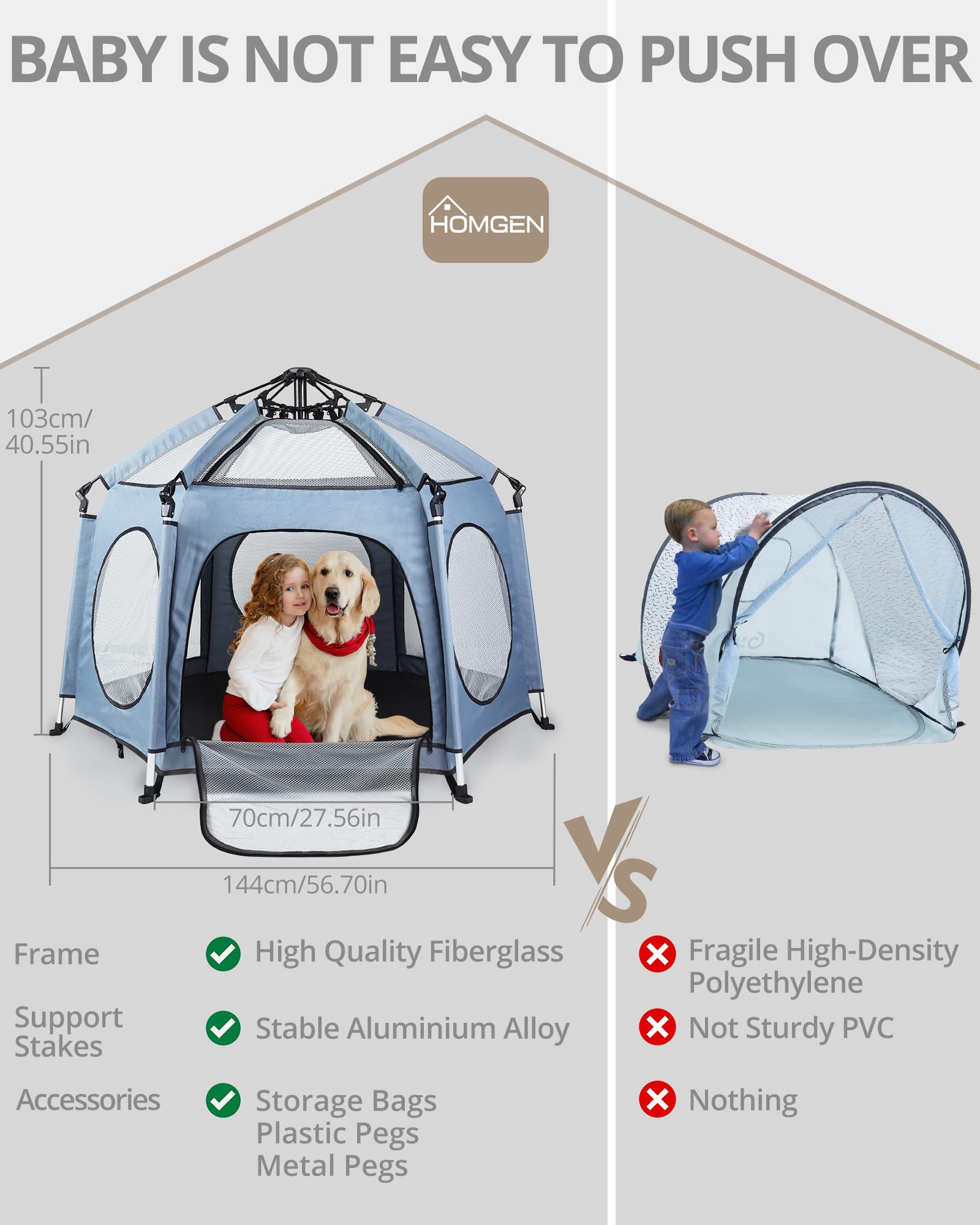 HOMGEN Parc de jeu pliable 144 x 103 cm avec 3 housses UV amovibles en tissu Oxford 450D pour bébé - Portable 2 en 1 - Pop Up - Robuste - En maille - Pour plage, parc, maison