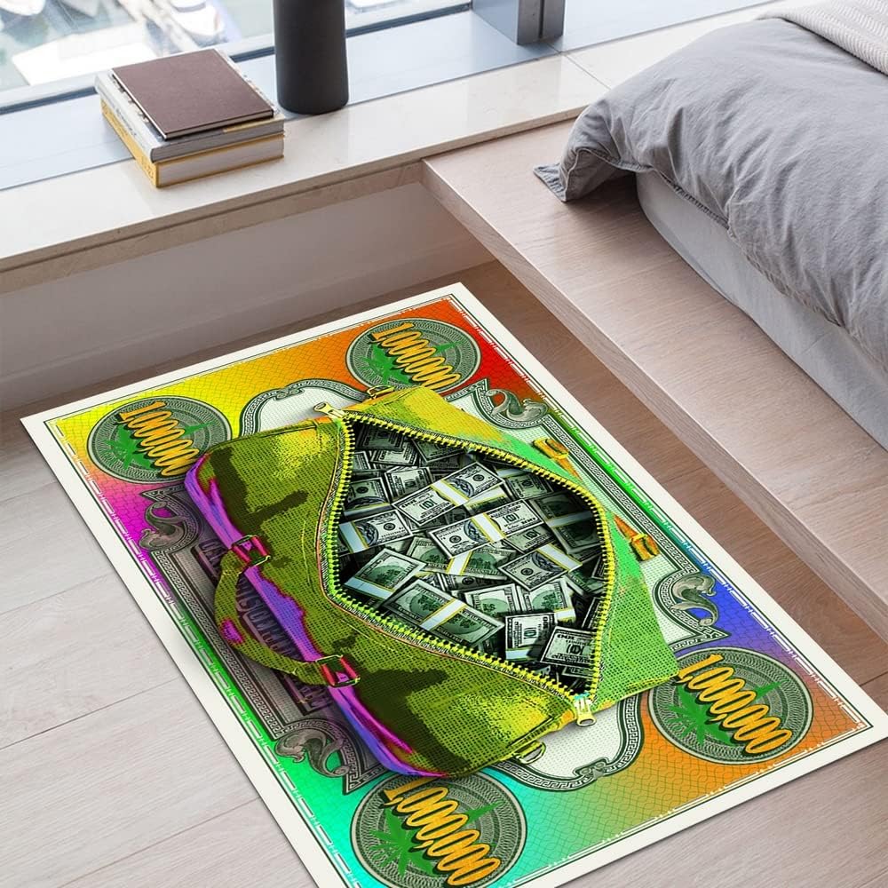 GUBIYU Colorful Money Rugs 100 Dollar Bill Runner Rug Abstract Green Cash Money Artwork Runner Rugs for Home Office Creative Floor Decor Area Rug Non Skid Back Bathroom Rug Living Room Rug 23.6"x35.4"