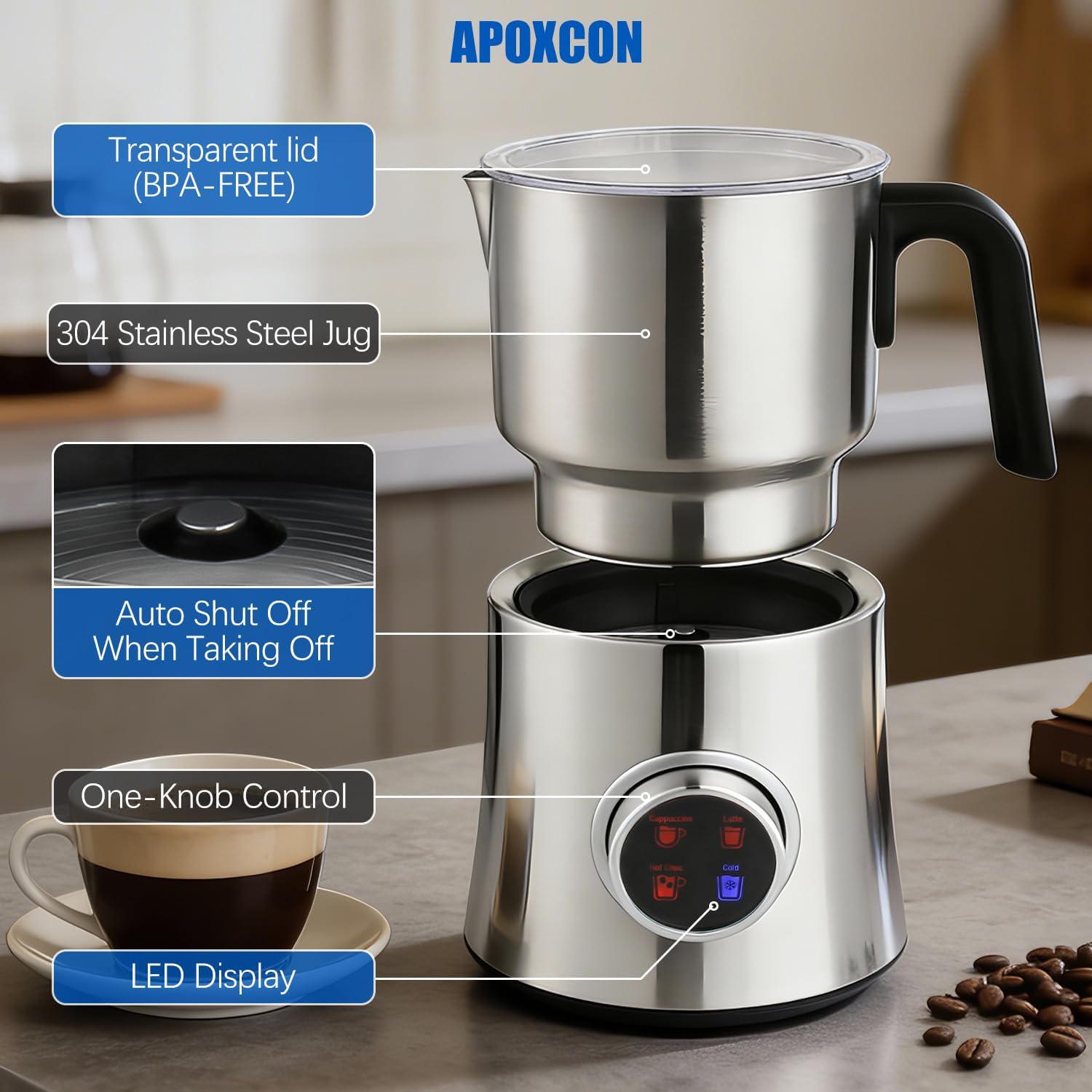 Electric Milk Frother and Steamer, 4-in-1 Hot & Cold Foam Maker for Coffee 17oz Stainless Steel Frother Machine with LED Display Rotary Knob Milk Warmer Hot Chocolate Maker Dishwasher Safe