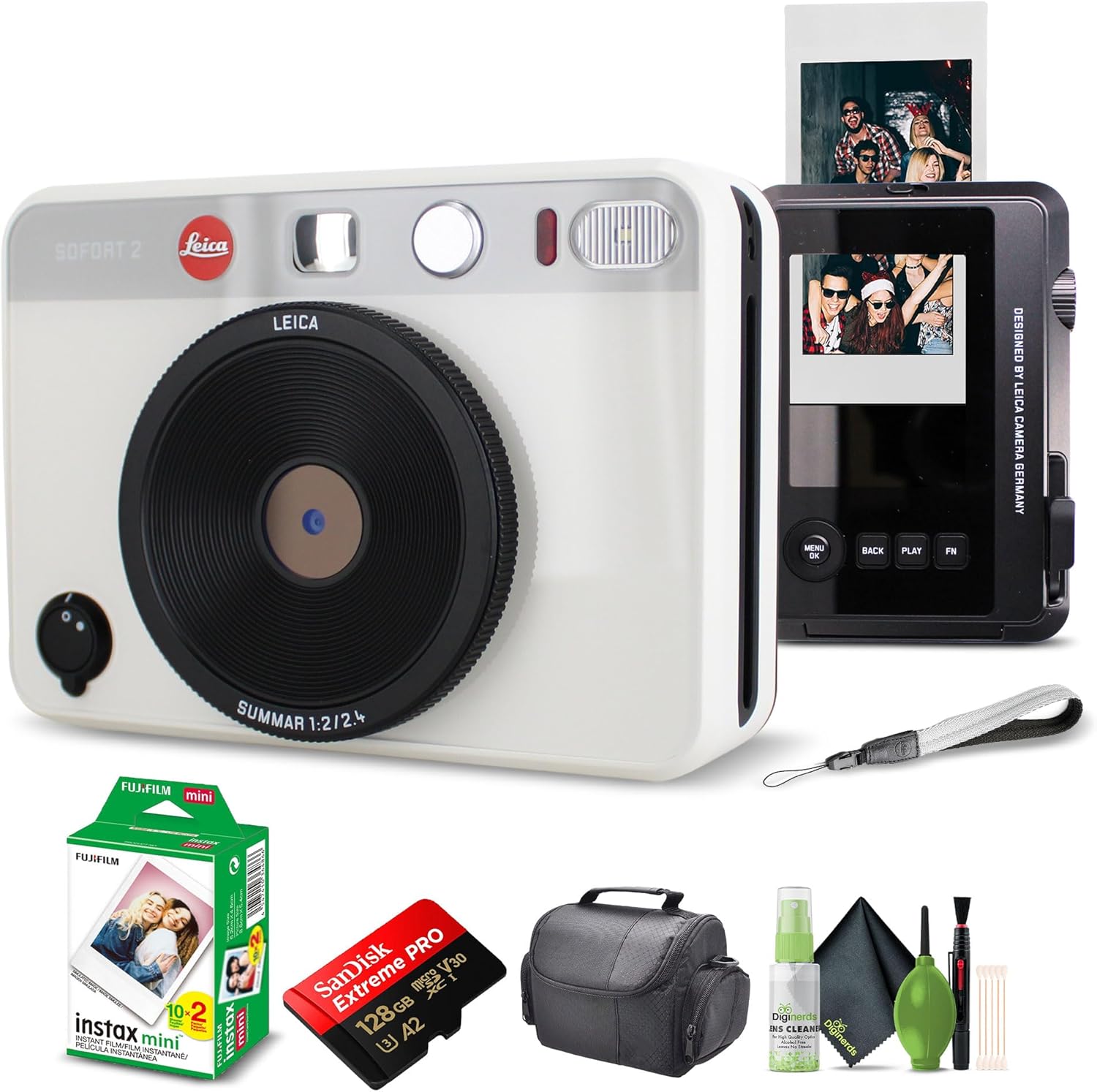 Leica Sofort 2 White Hybrid Instant Digital Camera Bundle: 20 Instax Sheets, 128GB Card, Bag, Cleaning Kit