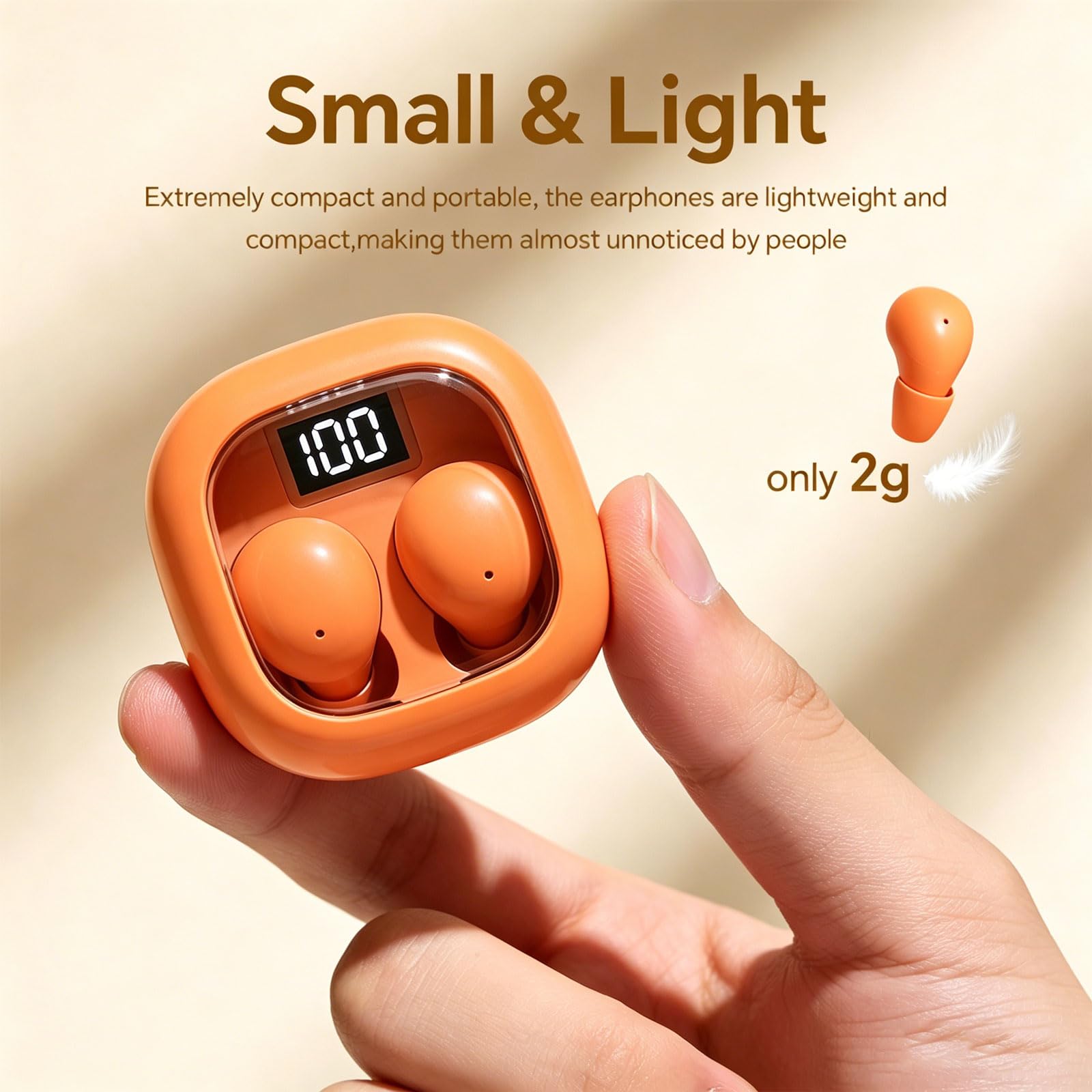 Auriculares pequeños Tamaño de bolsillo Mini Autonomía de larga duración Impermeabilización IPX5 | Ligero Intrauditivo Auriculares Bluetooth Inalámbricos Auriculares Bluetooth con Pantalla LED Autonomía Visible Naranja