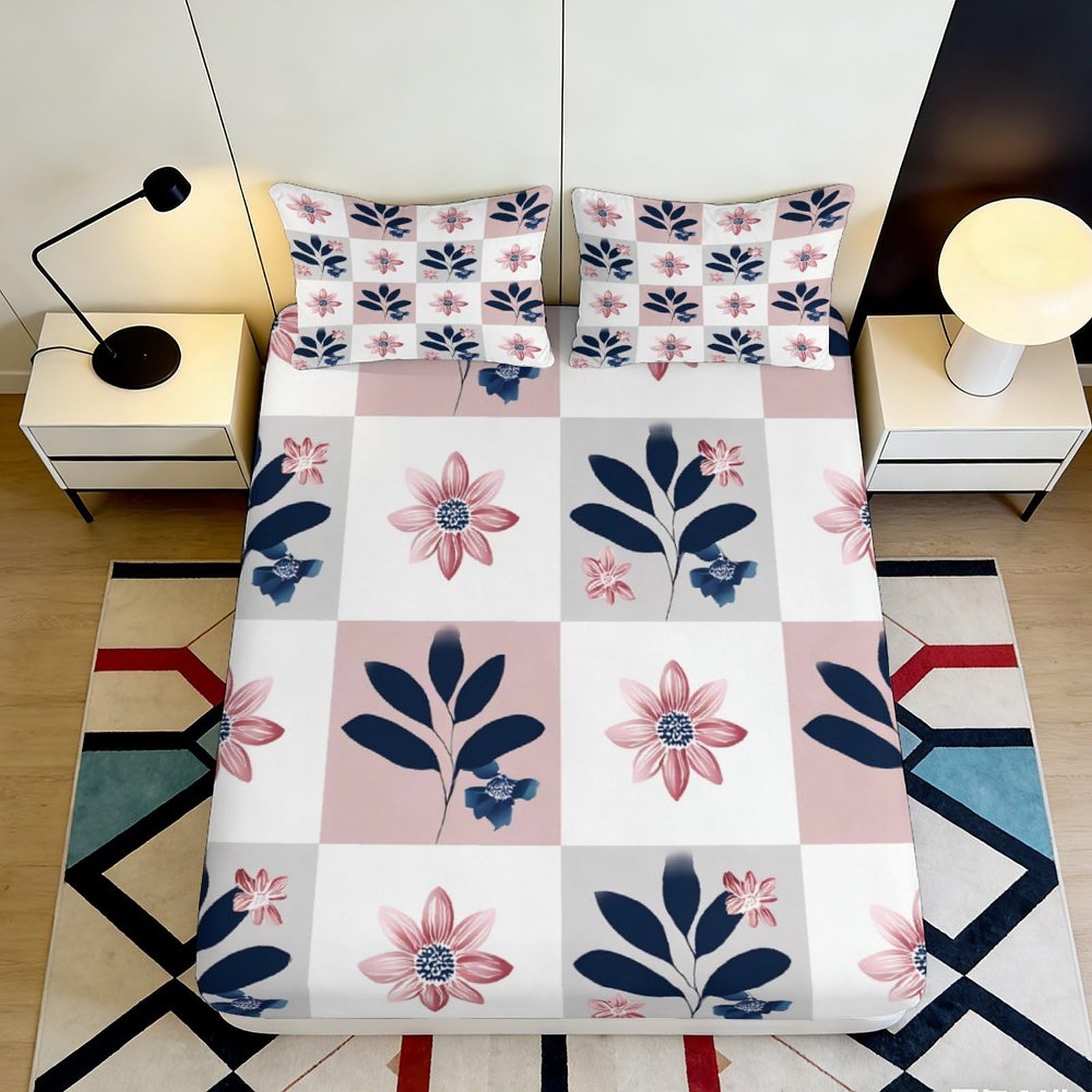 3D Printed Floral Geometric Fitted Sheet Microfiber Soft Breathable Botanical Bed Cover for Bedroom Dormitory Guest Room Mattress Protection 120x200x25cm