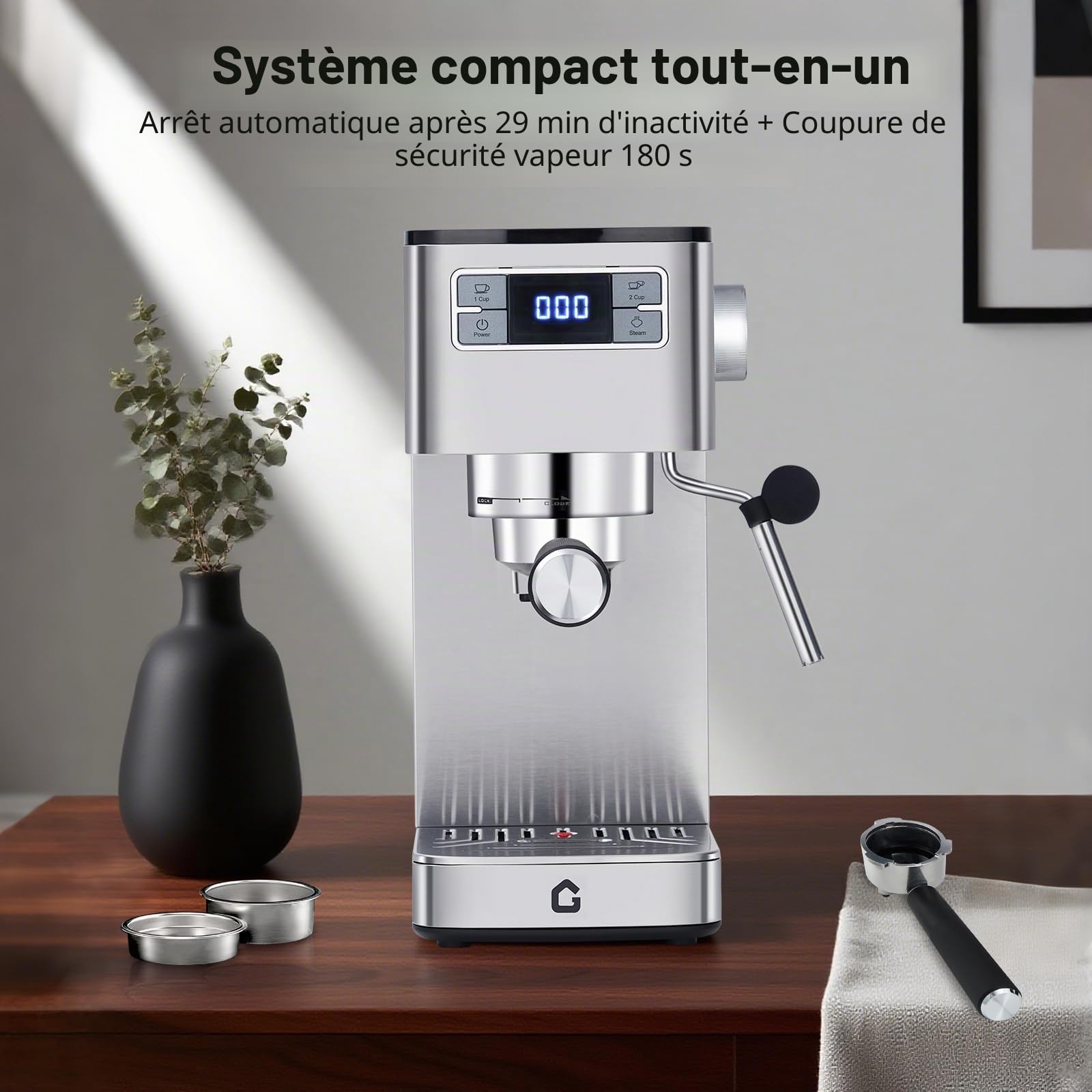GarveeTech Machine à café, porte-filtre 20 bars avec mousseur à lait pour expresso, cappuccino et latte - machine à expresso compacte avec thermobloc, fonction eau chaude et indicateur de détartrage