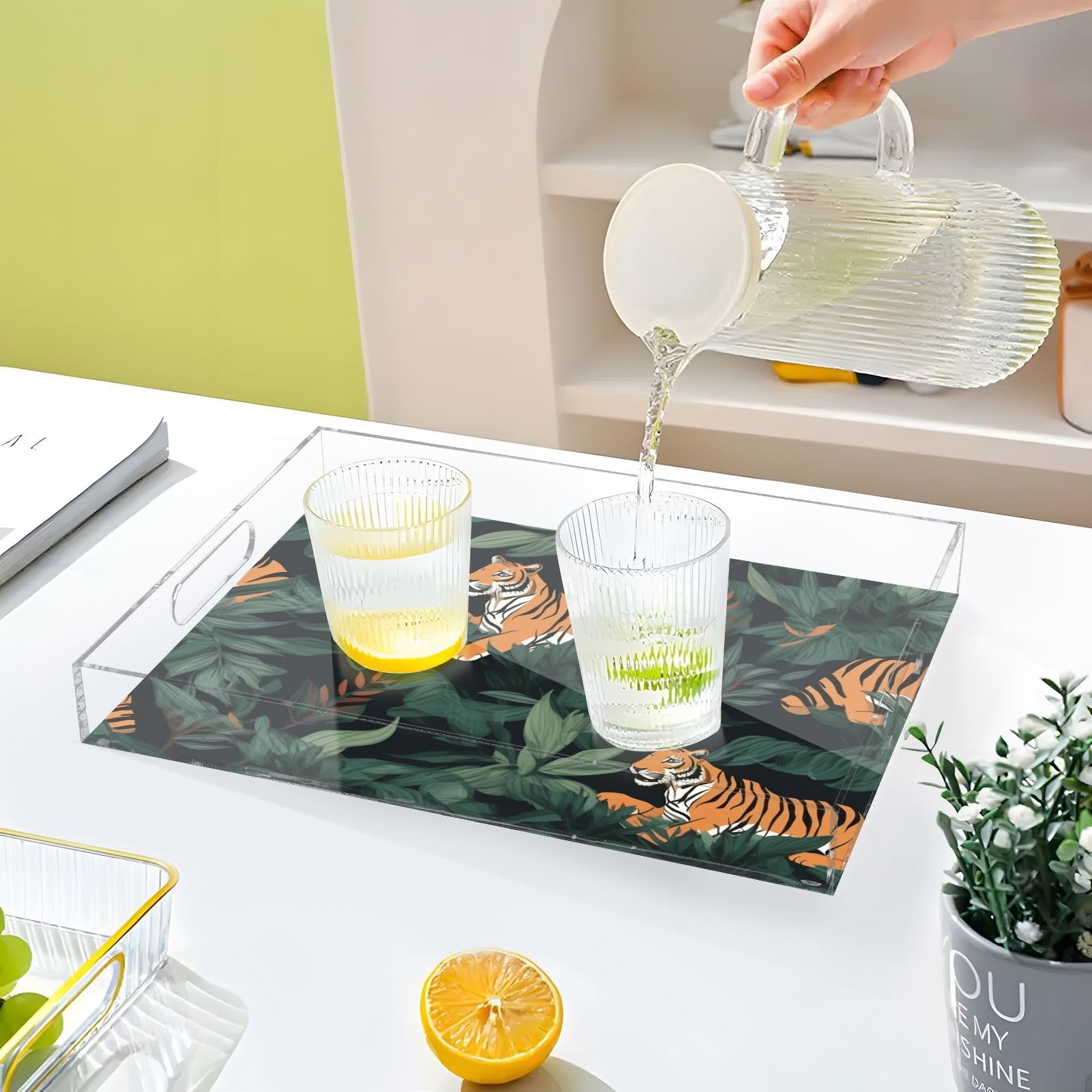 Bandejas acrílicas transparentes con asas, bandeja de café acrílica de 12 x 16 pulgadas, bandeja de café acrílica verde personalizada con patrón de tigres a prueba de derrames