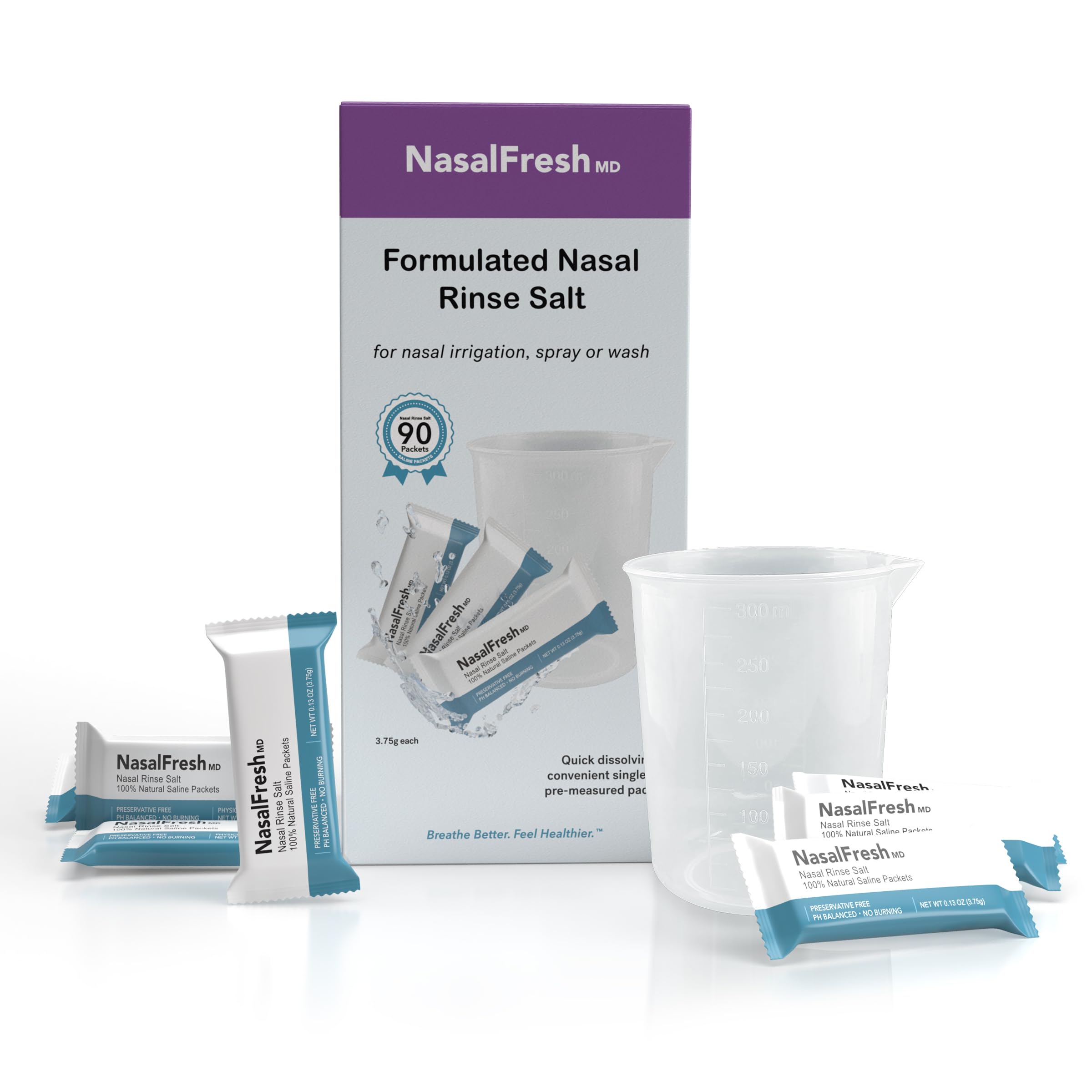 NasalFresh MD - Saline Packets - Quick Dissolving - Single Use - Pre-Measured - Nasal Irrigation - Individually Wrapped (3.75g/1.3oz) - 90 Count Refill Packets - 300mL Cup