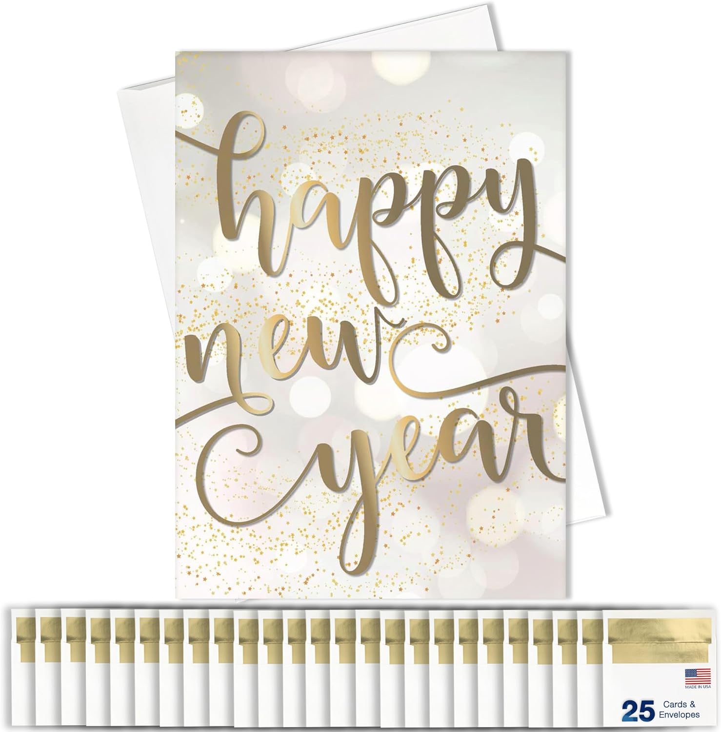 New Years Cards for Business & Family (Golden Confetti Design) Greeting Card Set Pack of 25 Happy New Year Cards with Envelopes for 2026 (5x7 inch) Great for Office, Work, Employees & Clients N1902