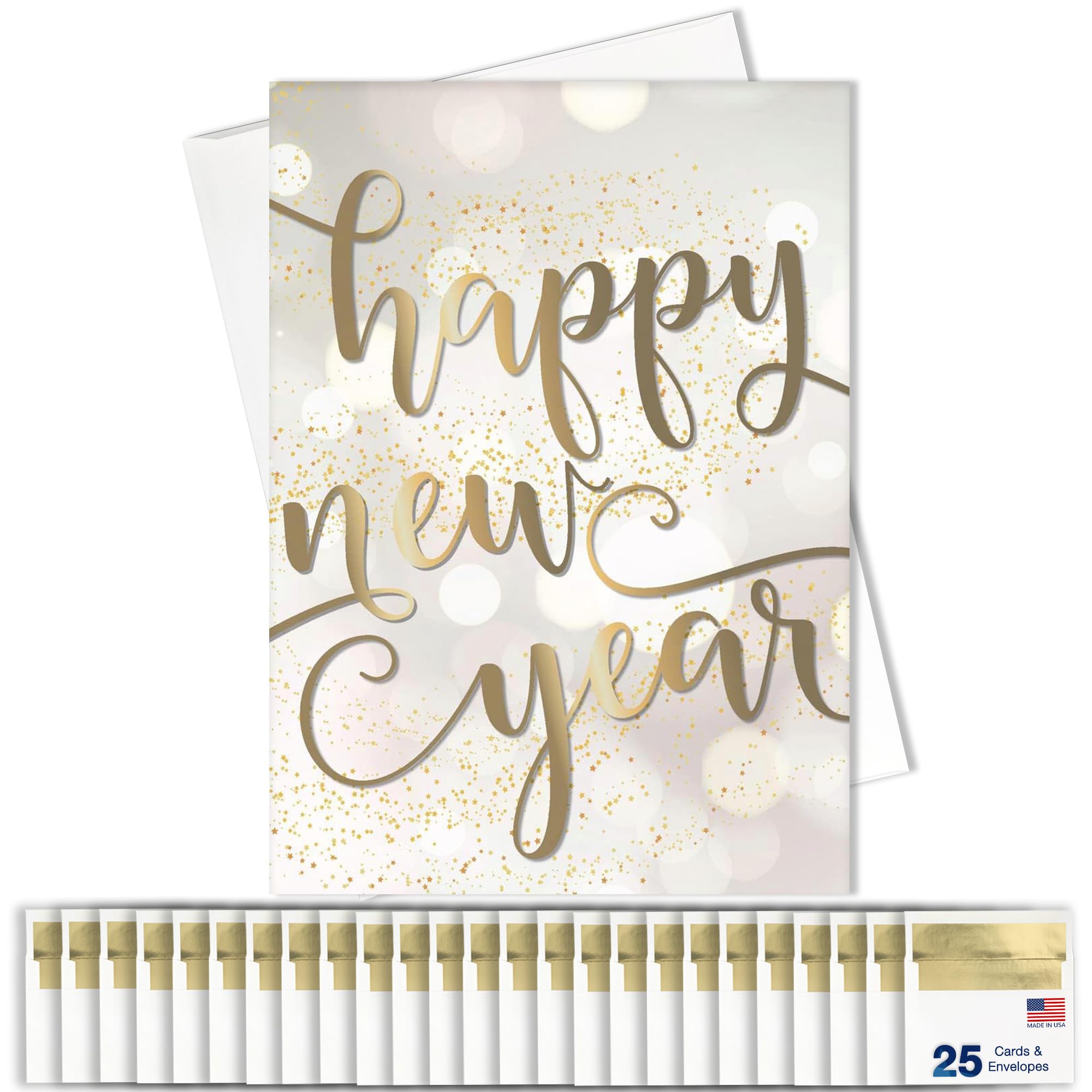 New Year Greeting Cards - N1902. Greeting Cards Featuring a Script Happy New Year Message on a Bubbly Golden Background. Box Set Has 25 Greeting Cards and 26 White with Gold Foil Lined Envelopes.
