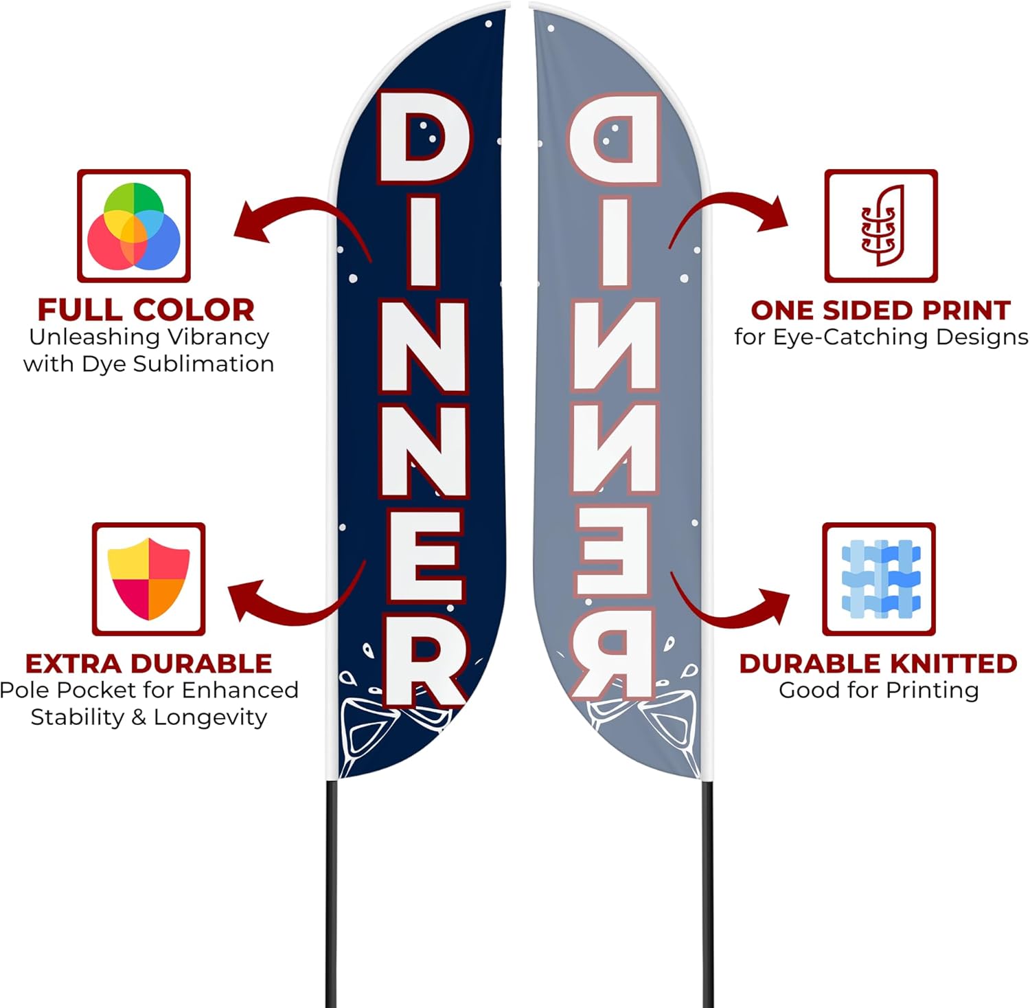 Dinner Sign feather flag Pole Mount for Outdoor by Mavis Print | 15 FEET Long Polyester Outdoor Banner Flag with Pole Kit for Easy Hang | HD Print Swooper Flag Pole Mount for Food Advertising.