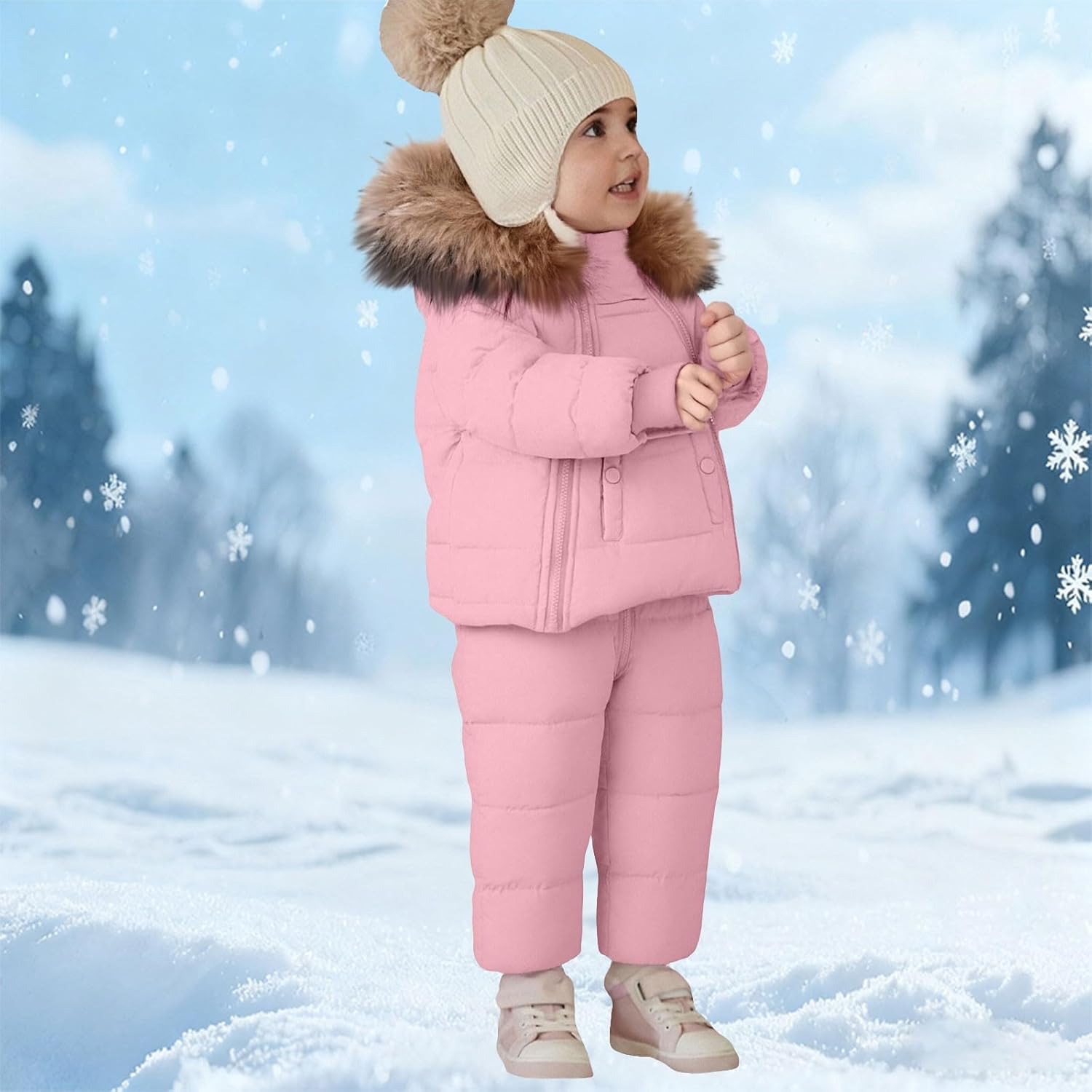 Toddler Boys Girls Snowsuit Hooded Thick Puffer Jacket and 𝗦𝗻ow Bib Pants 2 Piece Winter 𝗪aterproof Ski Suit