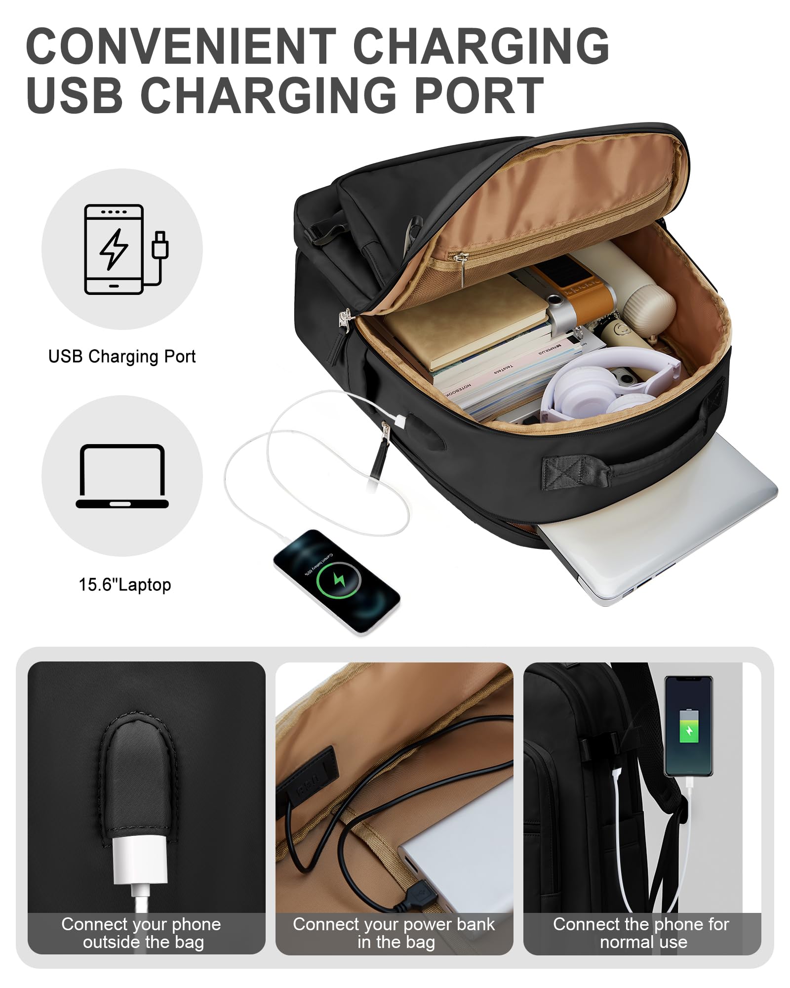 bergsalz Nero Zaino da viaggio grande da Donna zaino donna Uomo Zaino da escursionismo Sportivo Impermeabile Zaino Da Zaino Da Viaggio Aereo Bagaglio a Mano Zaino Fitness Casual laptop da 15.6 pollici