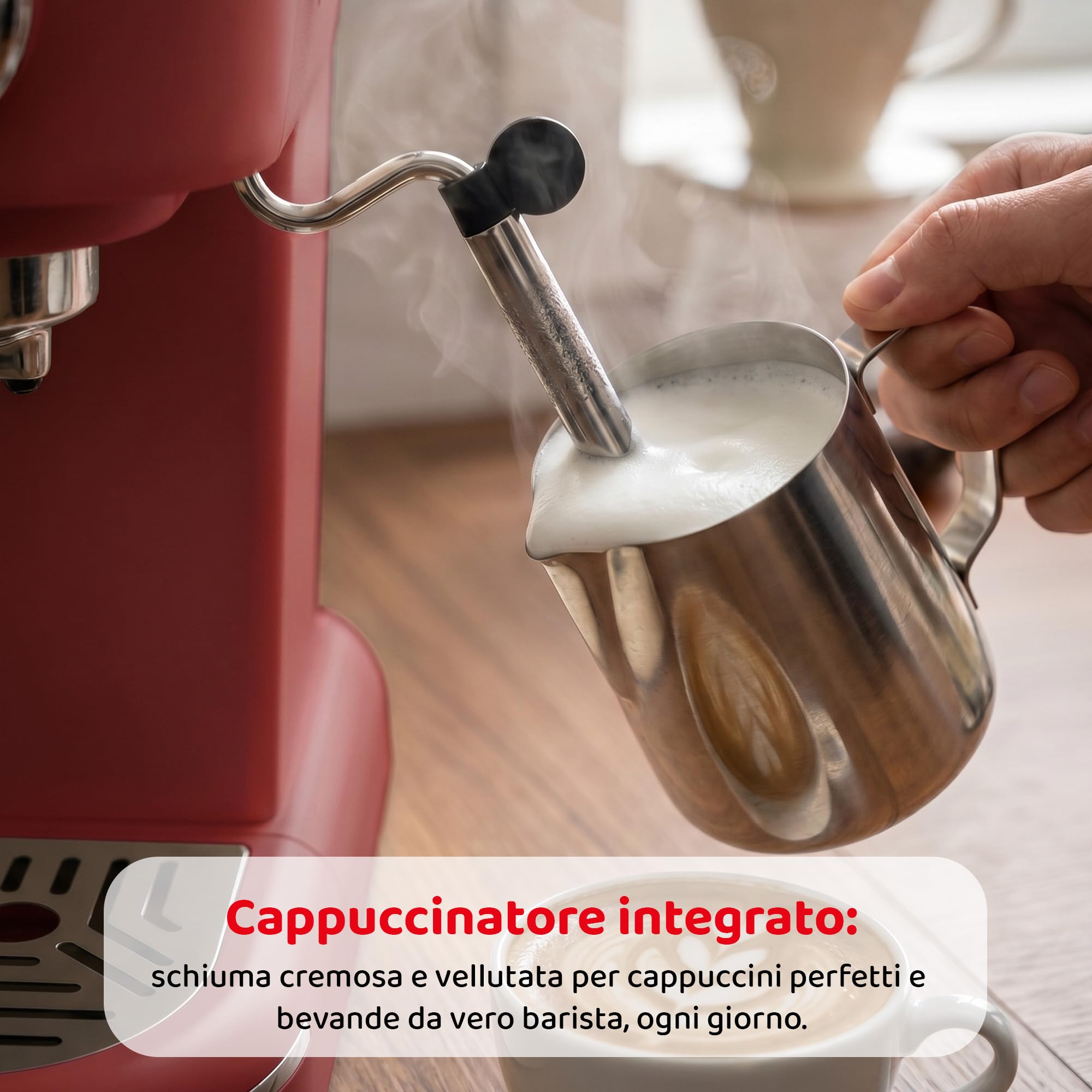 Melchioni Aromatica Plus ekspres do kawy 3 w 1, kompatybilny z kapsułkami Nespresso i kawą mieloną - ciśnienie 15 bar - 1100 W - zbiornik 1,2 l - wbudowany spieniacz do mleka - czerwony