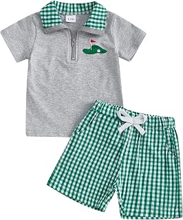 Gueuusu Toddler Baby Boy Summer Outfit Embroidered Quarter Zip Short Sleeve Collared Shirt Plaid Shorts Set Clothes